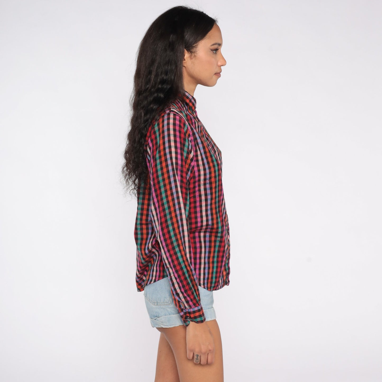 80s Rainbow Checkered Silk Button-Up Blouse Long Sleeve Collared Medium