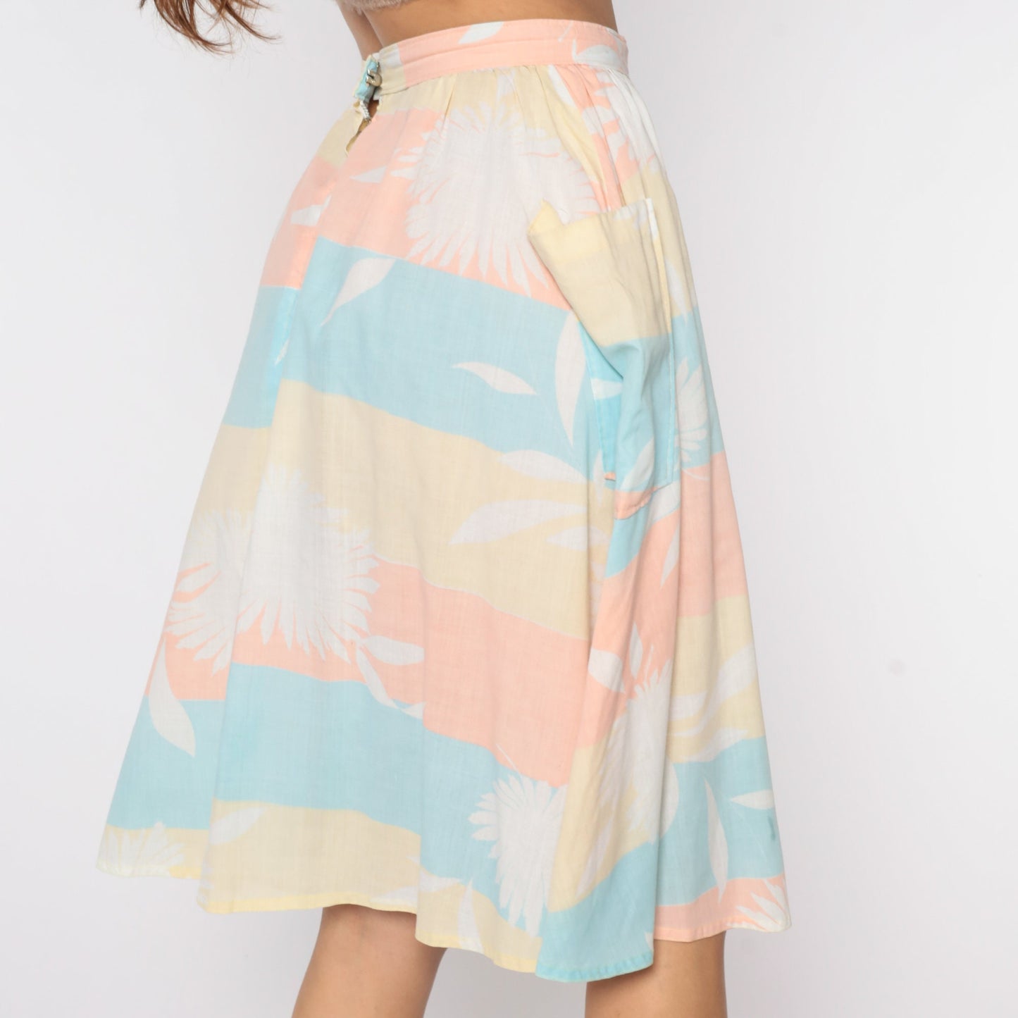 80s Striped Floral Midi Skirt High Waist Yellow Pastel Small