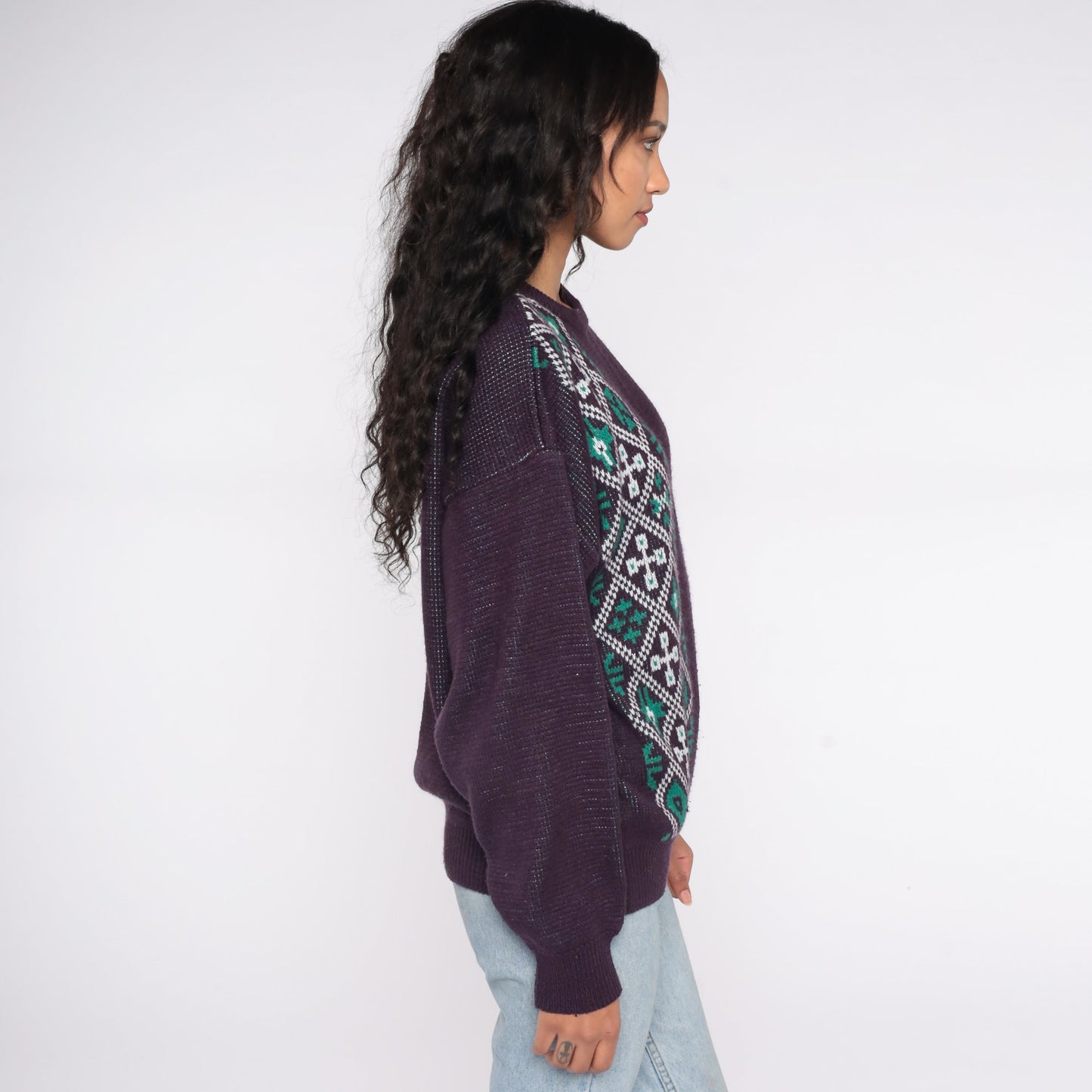 80s Fair Isle Sweater Eggplant Purple Geometric Knit Crewneck Extra Large