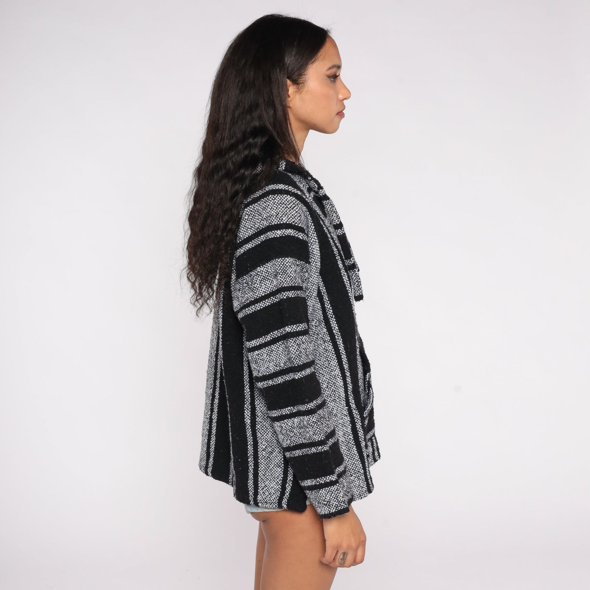 90s Mexican Baja Hoodie Black Grey Striped Kangaroo Pocket Large