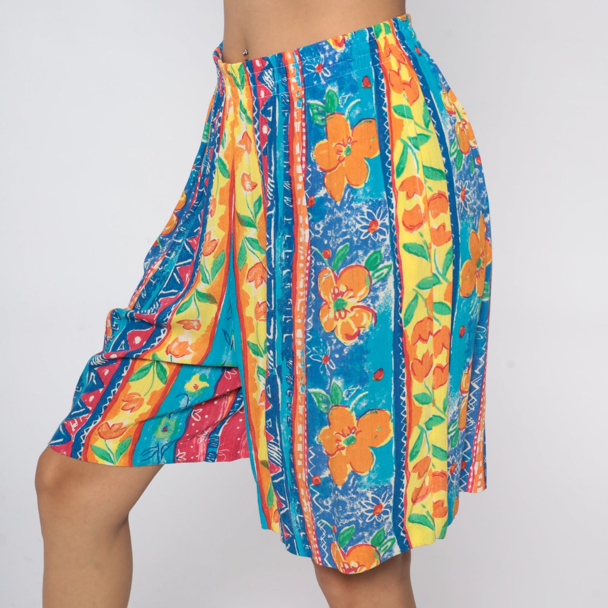 80s Floral High-Waist Shorts Tropical Print Elastic Waist Large L
