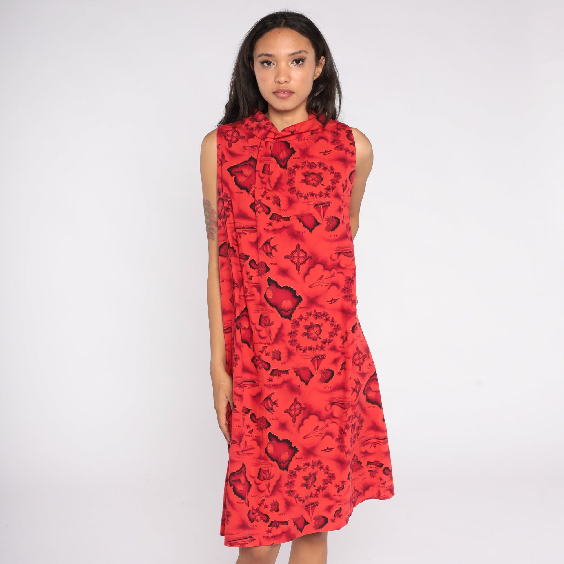 70s Hawaiian Tropical Print Shift Dress Red Floral Island Cotton Large L