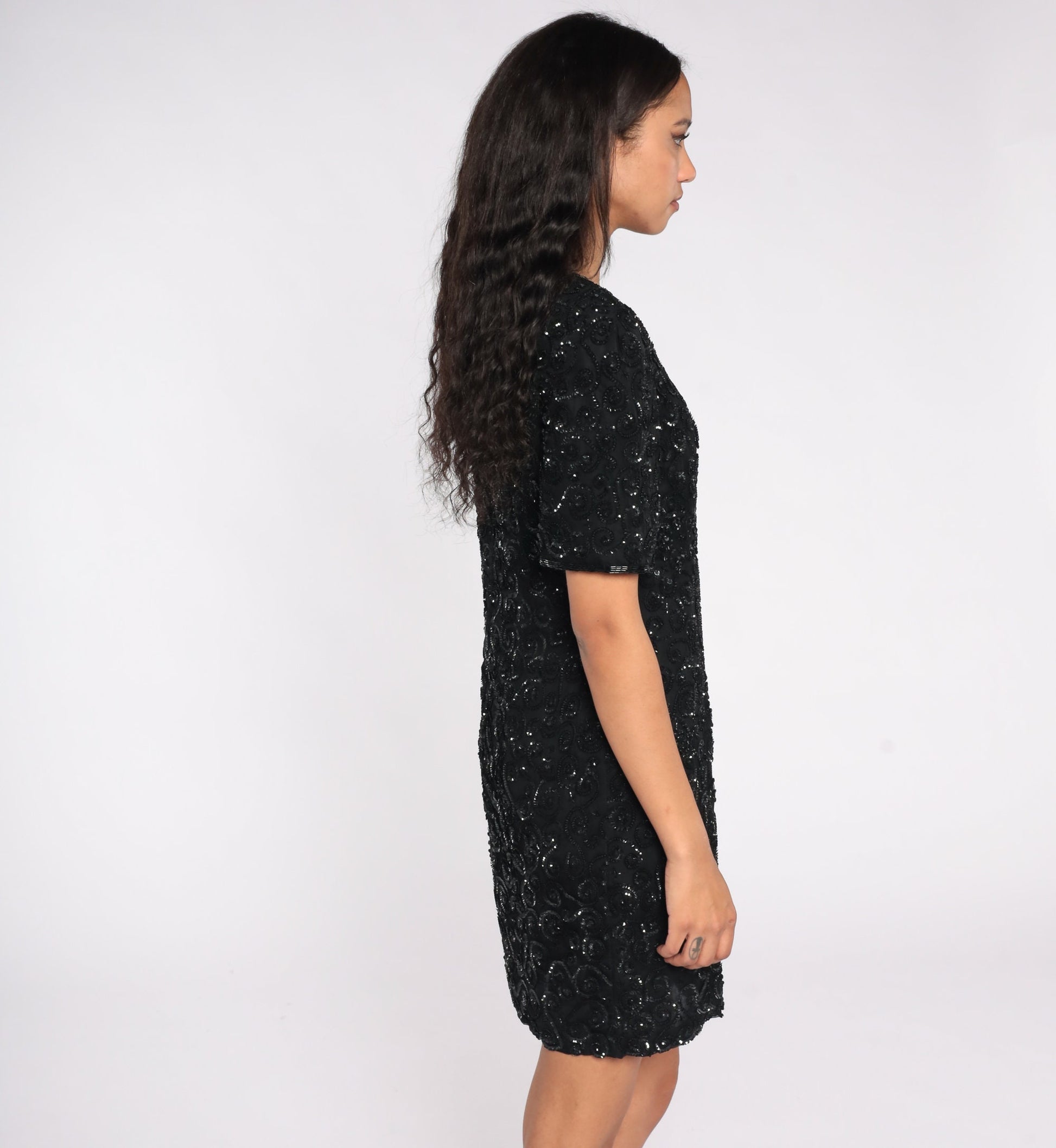 80s Black Silk Sequin Mini Dress Short Sleeve Zipper Back Small S