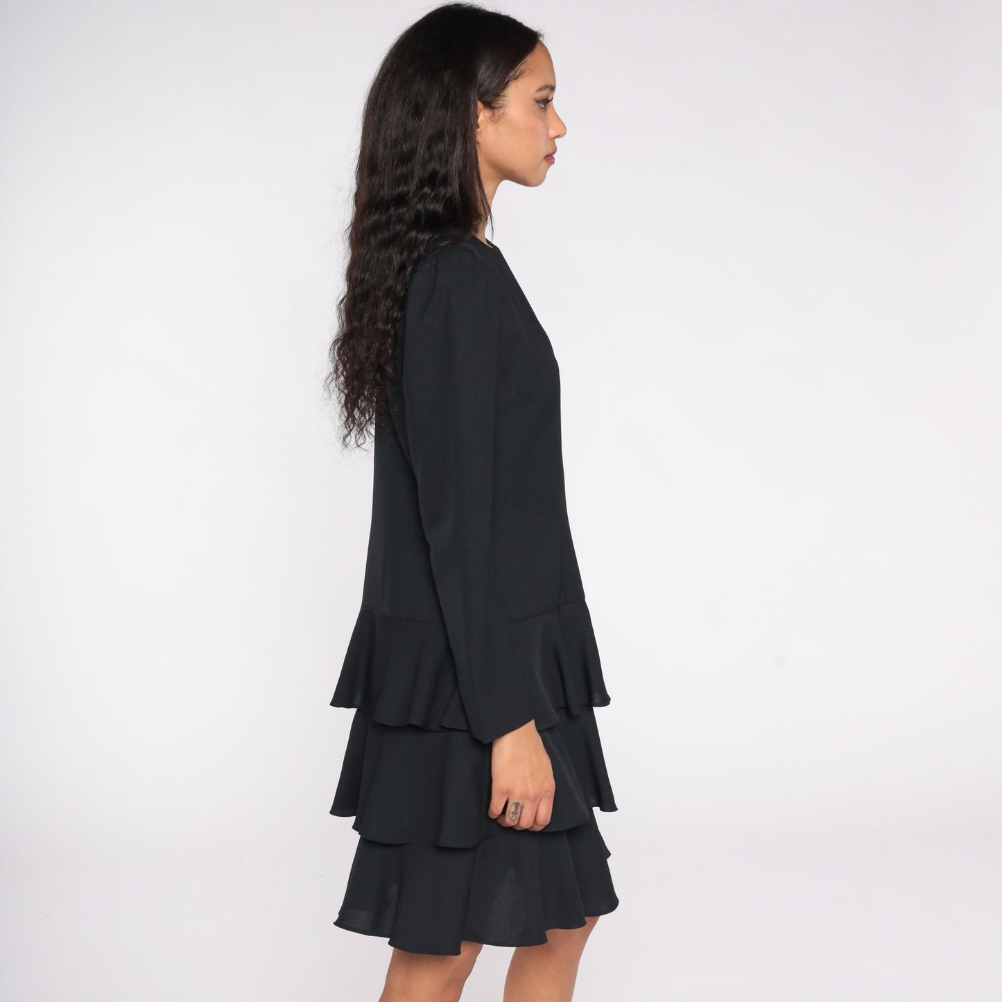 80s Black Drop Waist Dress Ruffled Skirt Puff Sleeve Bow Medium
