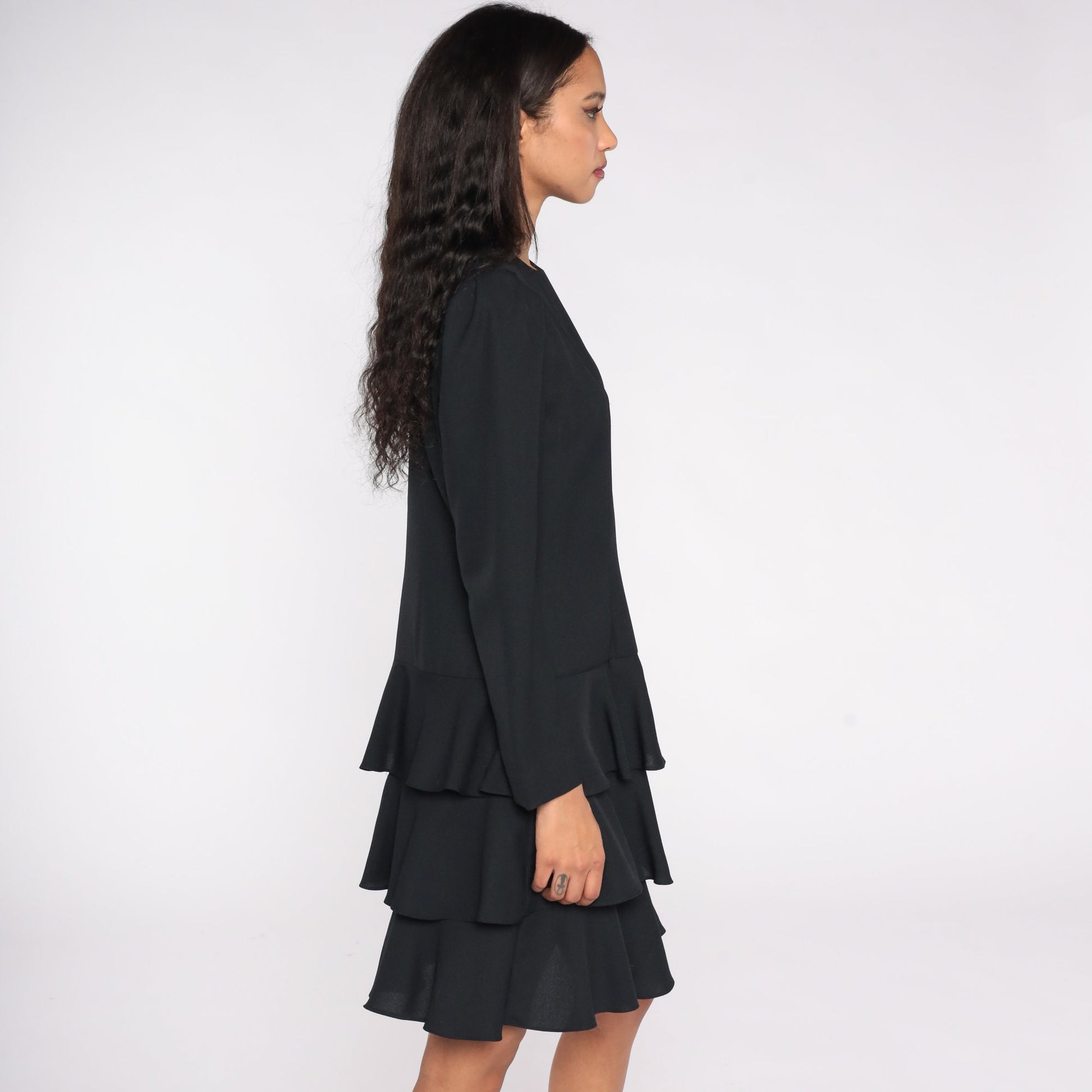 80s Black Drop Waist Dress Ruffled Skirt Puff Sleeve Bow Medium