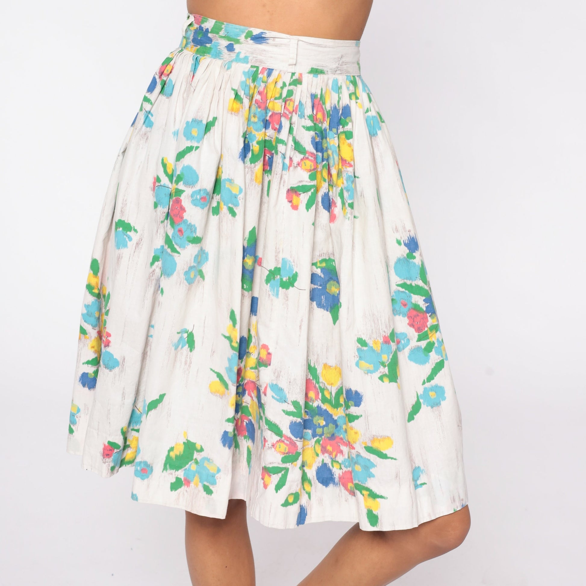 60s Floral Mini Skirt Pleated High Waist White Watercolor Cotton XS