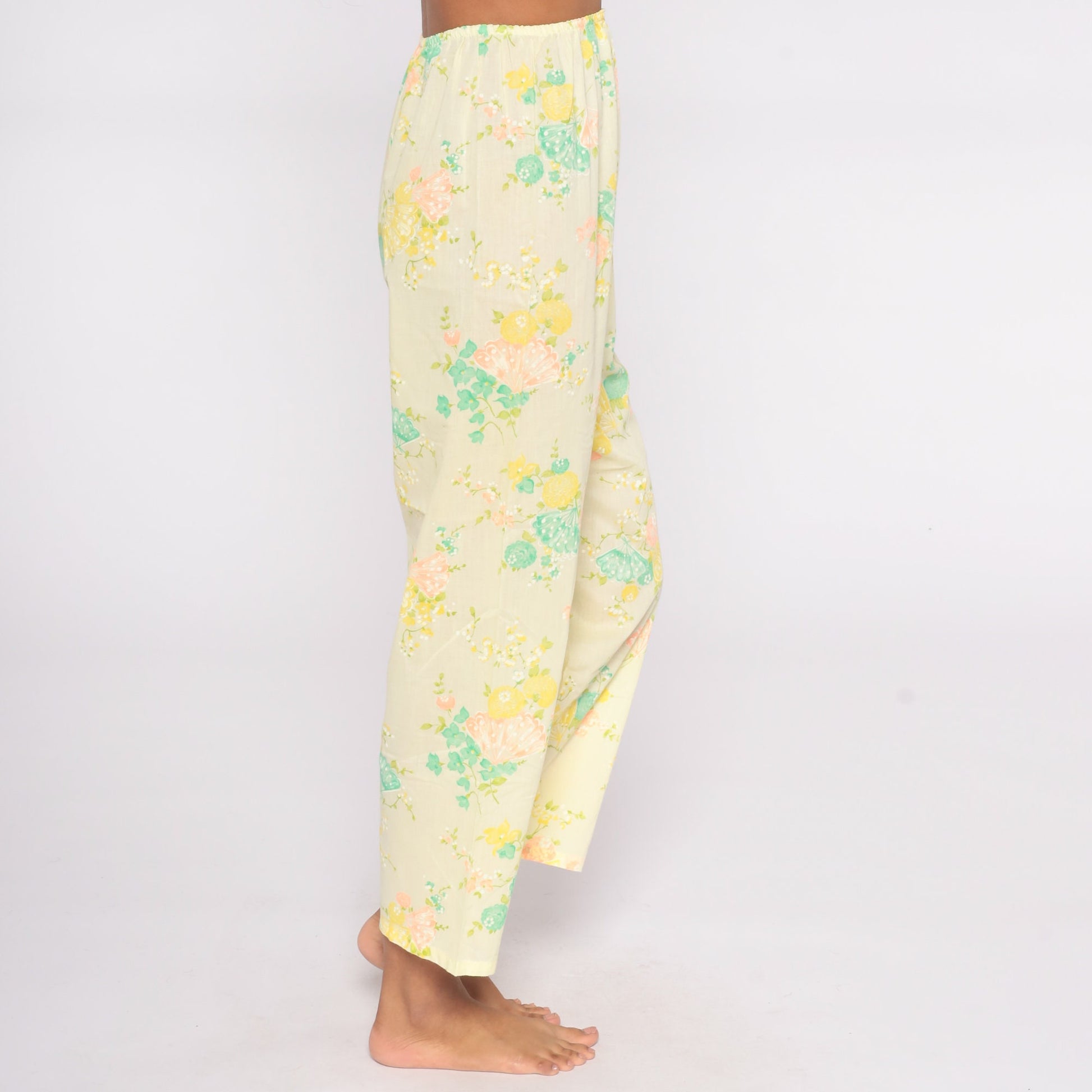 70s Yellow Floral Wide Leg Pants Butterfly Print High Waist Small Medium