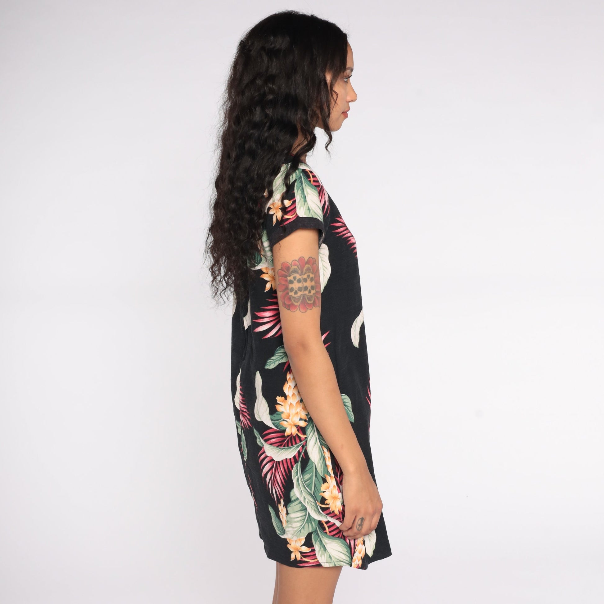 80s Hawaiian Floral Mini Dress Black Shift Button-Up Short Sleeve Small
