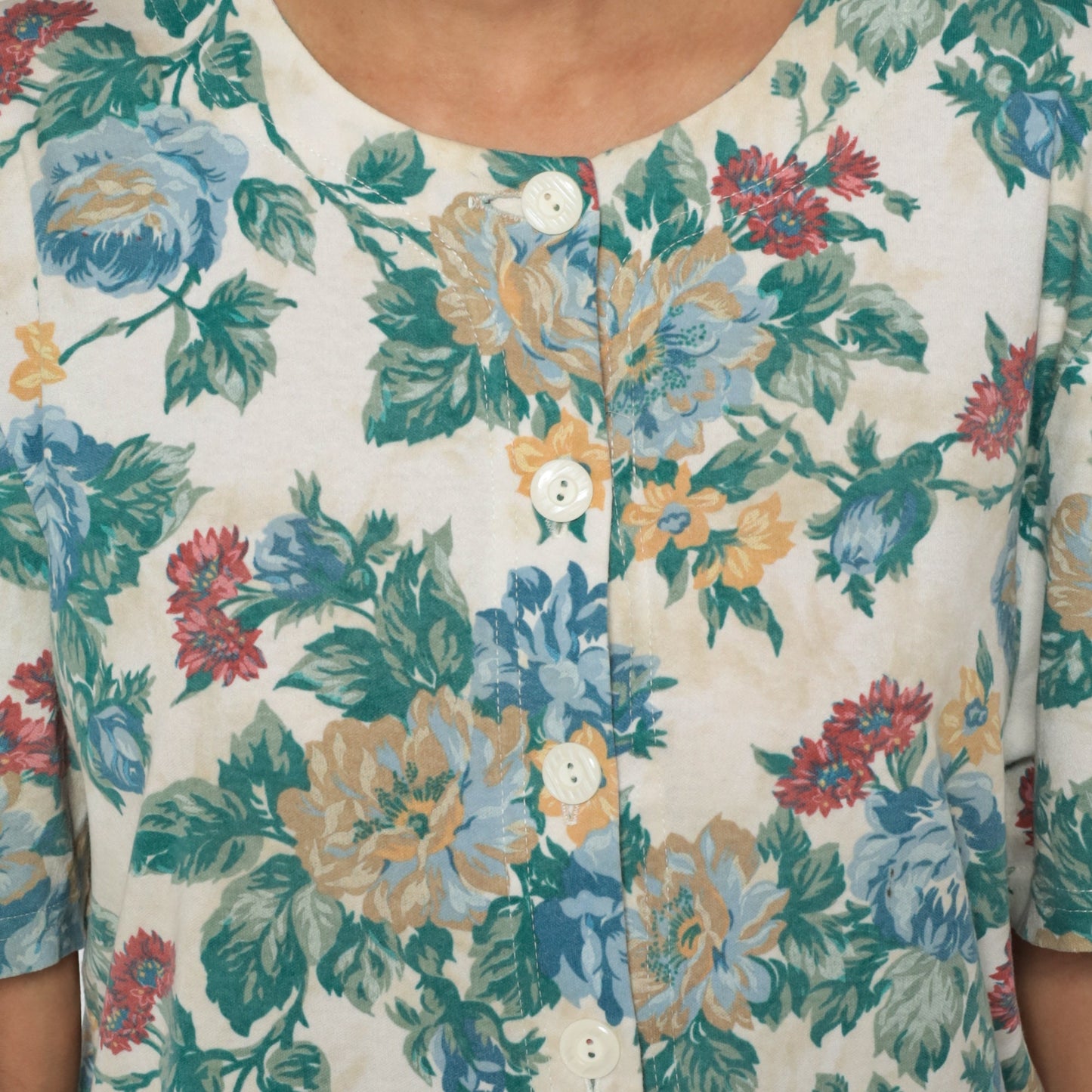 80s Floral Button-Up Blouse Short Sleeve Off-White Green Vintage Shirt Medium