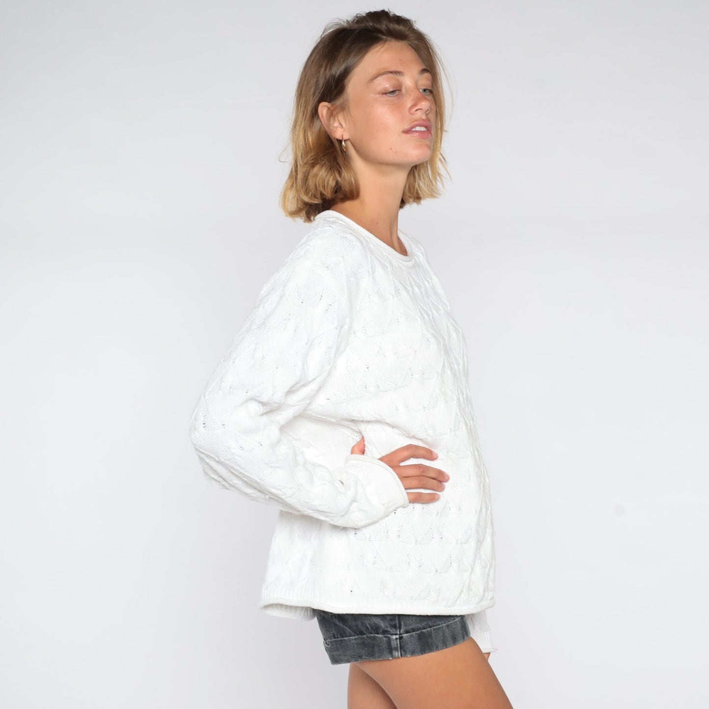 90s White Textured Knit Sweater Diamond Brocade Pullover Large L