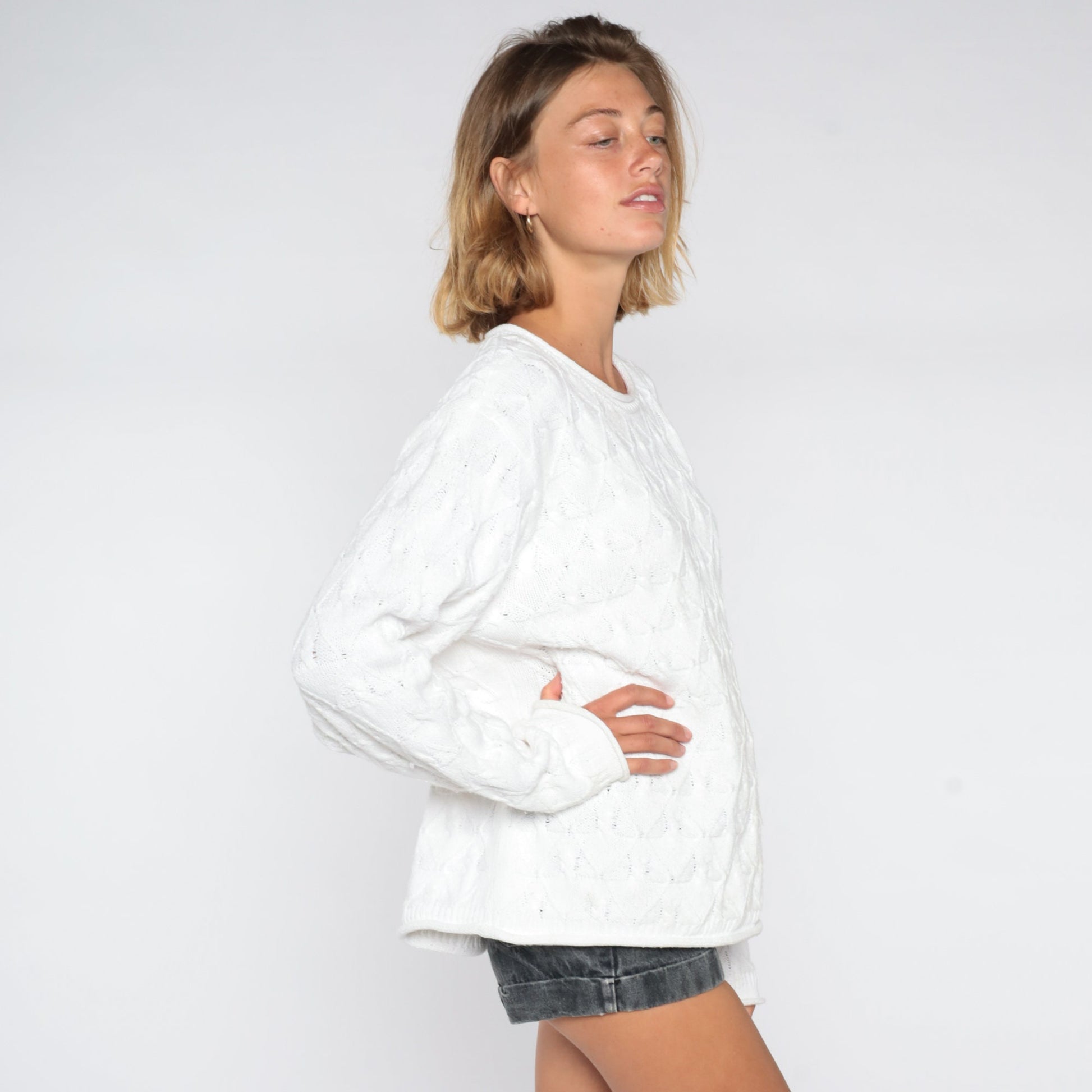 90s White Textured Knit Sweater Diamond Brocade Pullover Large L