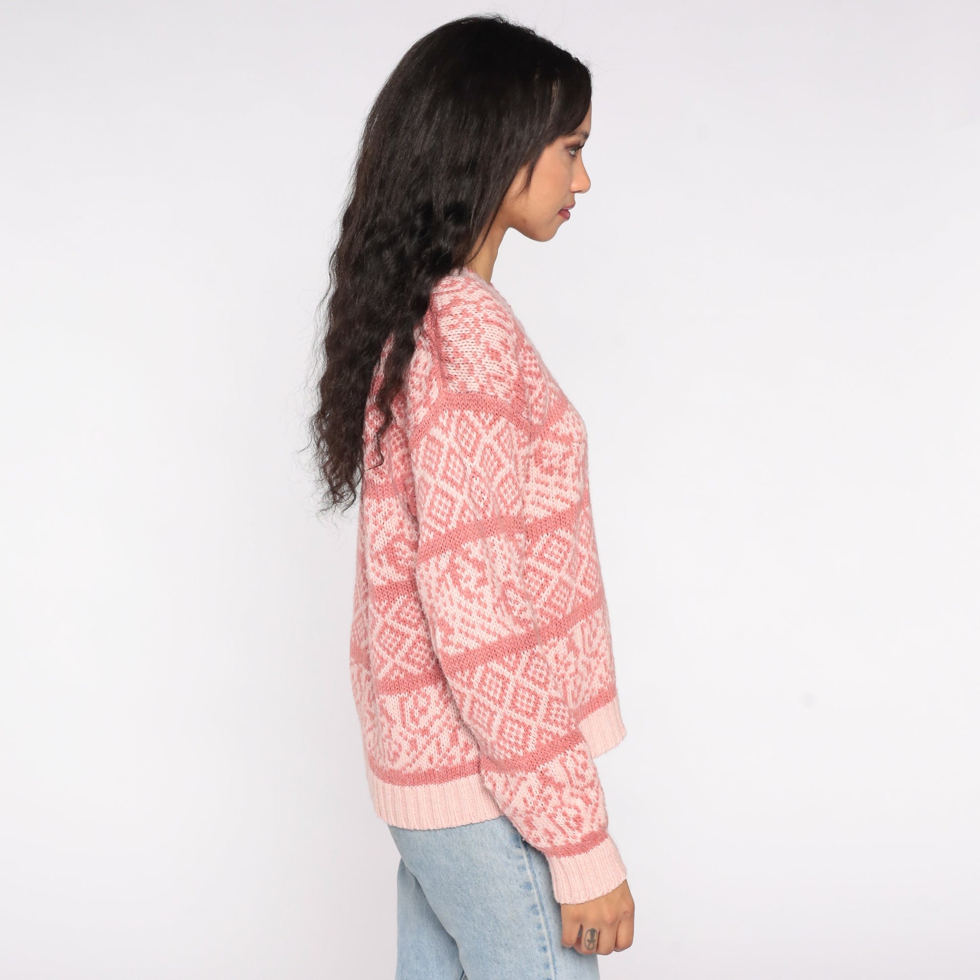 80s Pink Geometric Striped V-Neck Pullover Sweater Large