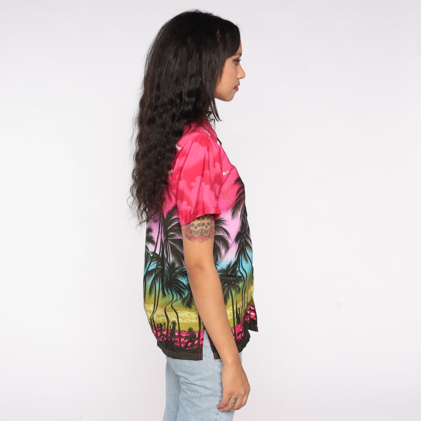 80s Hawaiian Tropical Button Up Shirt Palm Tree Sunset Print Pink Blue Small