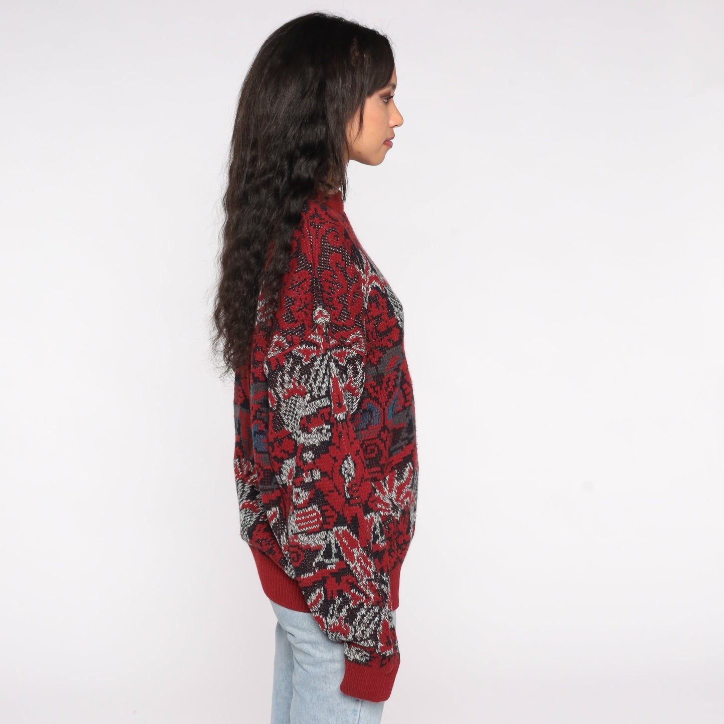 90s Geometric Jacquard Sweater Red Blue Abstract Knit Crewneck Extra Large