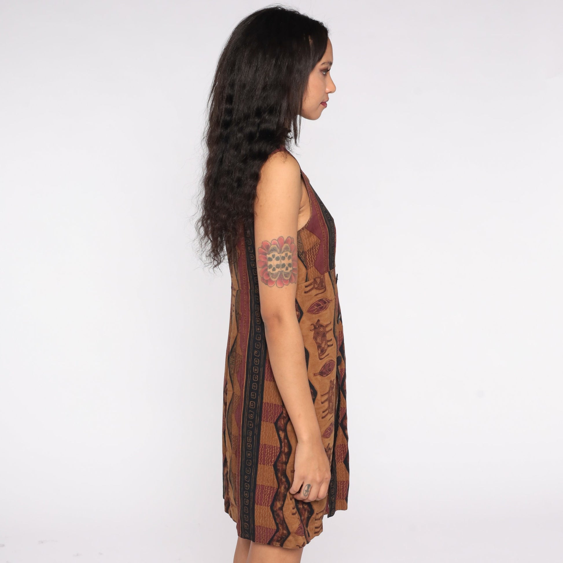 90s Brown Cow Petroglyph Print Mini Dress Tank Straps Zipper Medium