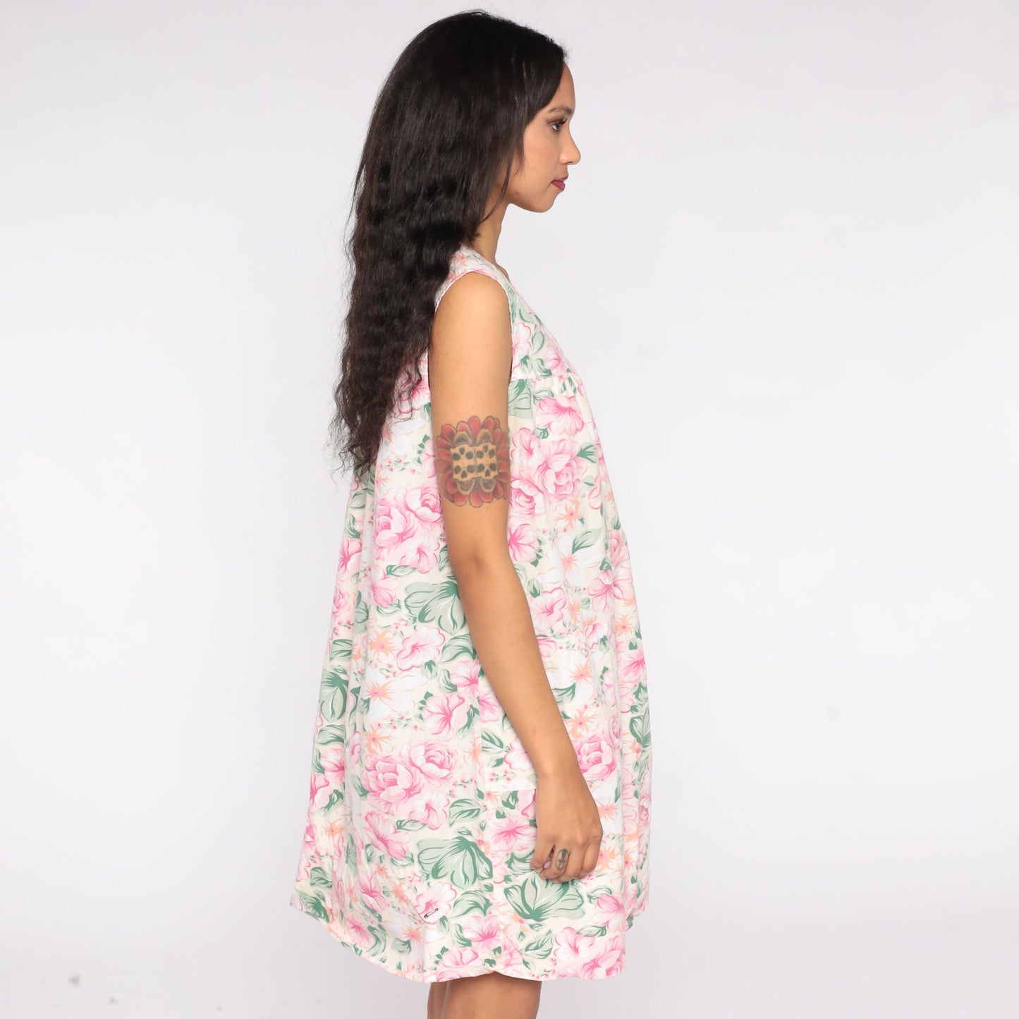 80s Floral Mini Dress Pink Green Cream Shift Sleeveless Medium