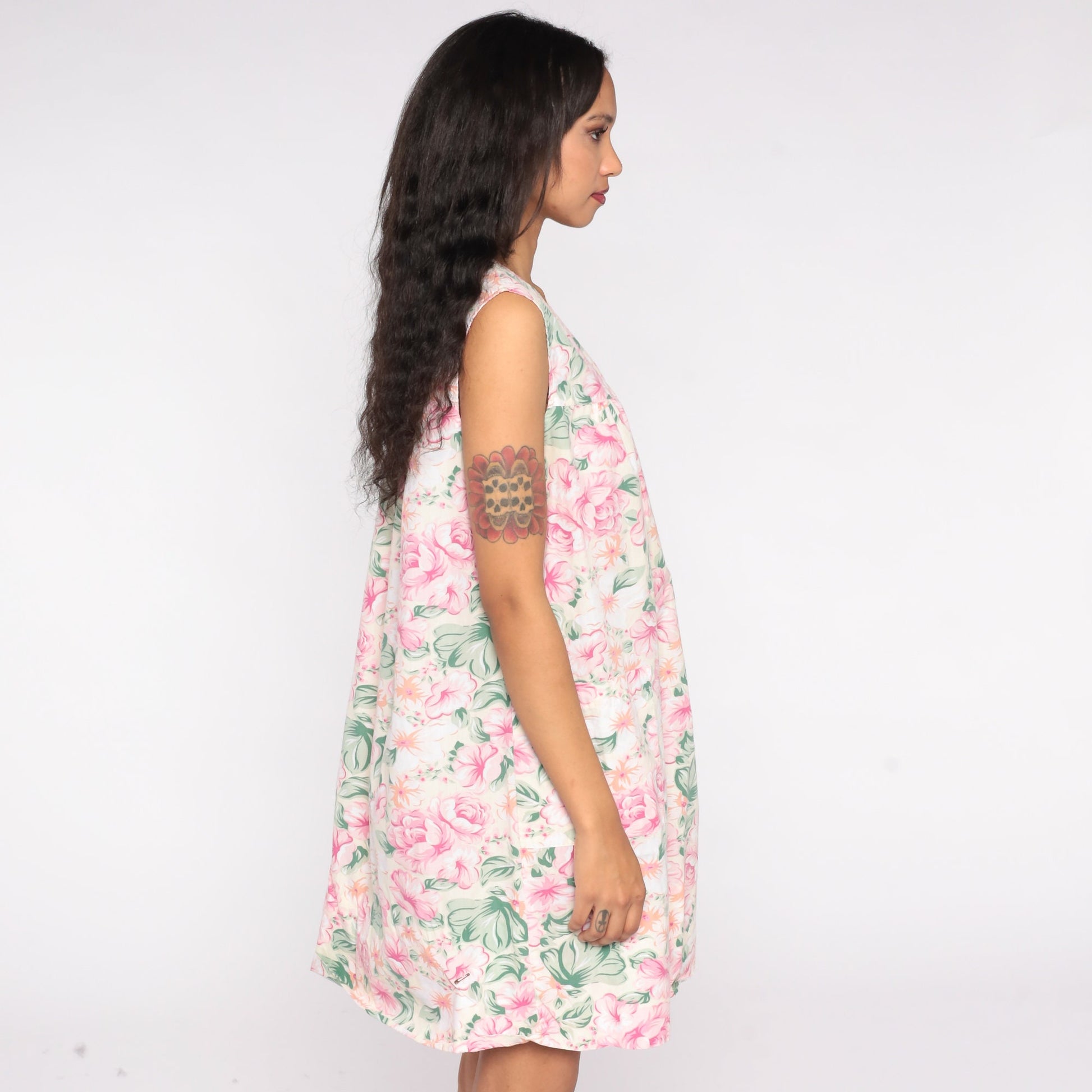 80s Floral Mini Dress Pink Green Cream Shift Sleeveless Medium
