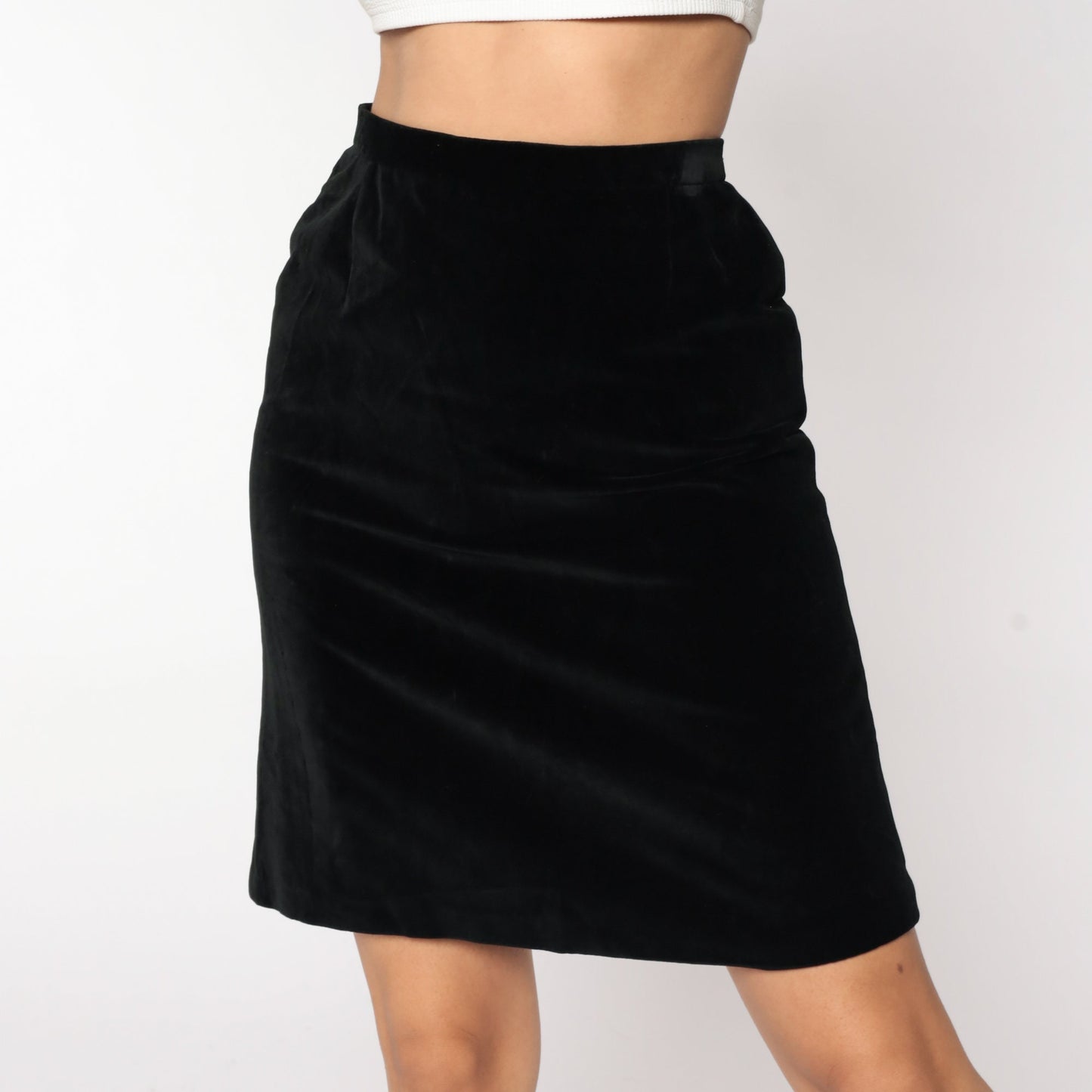 80s Black Velvet Pencil Mini Skirt High Waist Small S