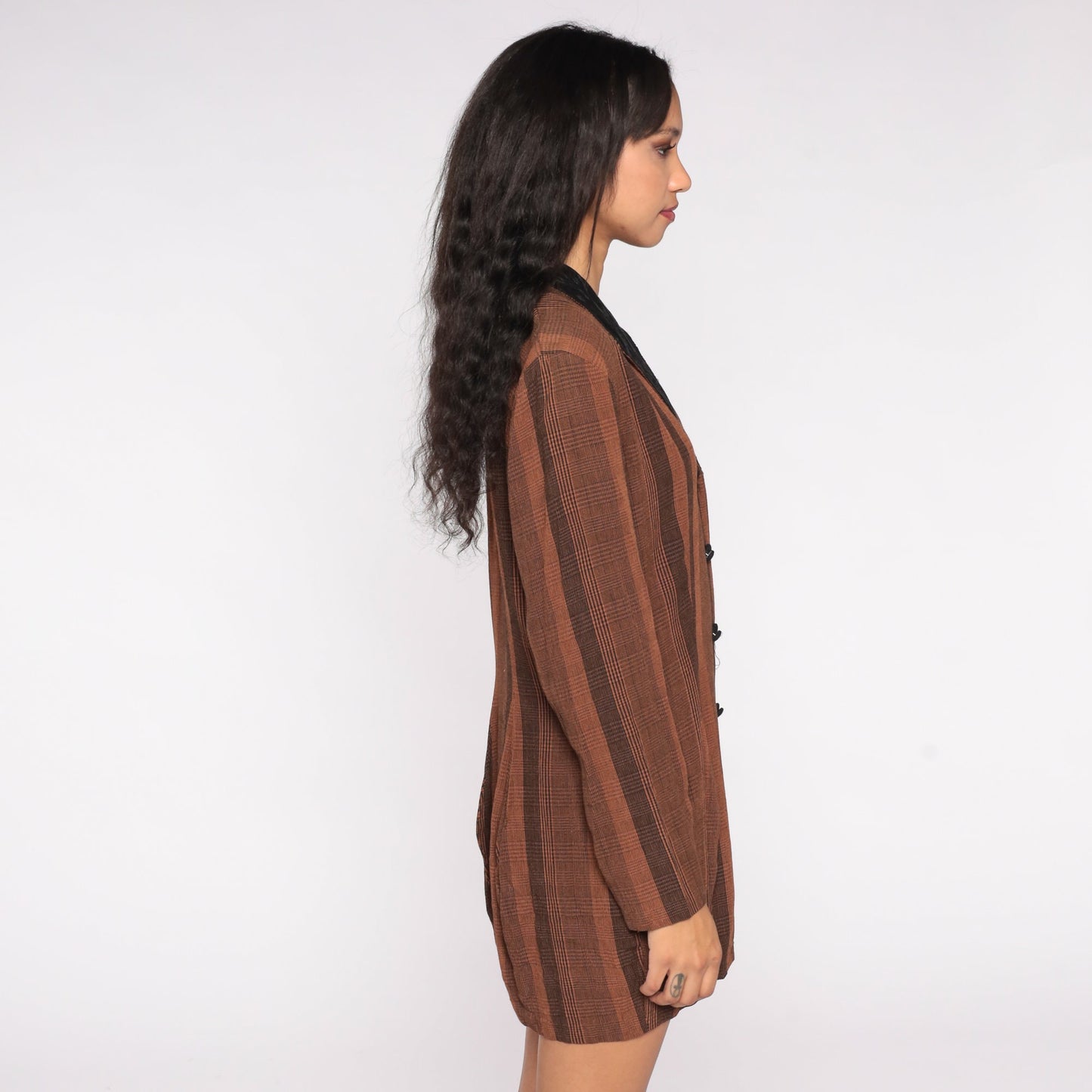80s Brown Striped Blazer Black Soutache Collar Double-Breasted Jacket Medium Large