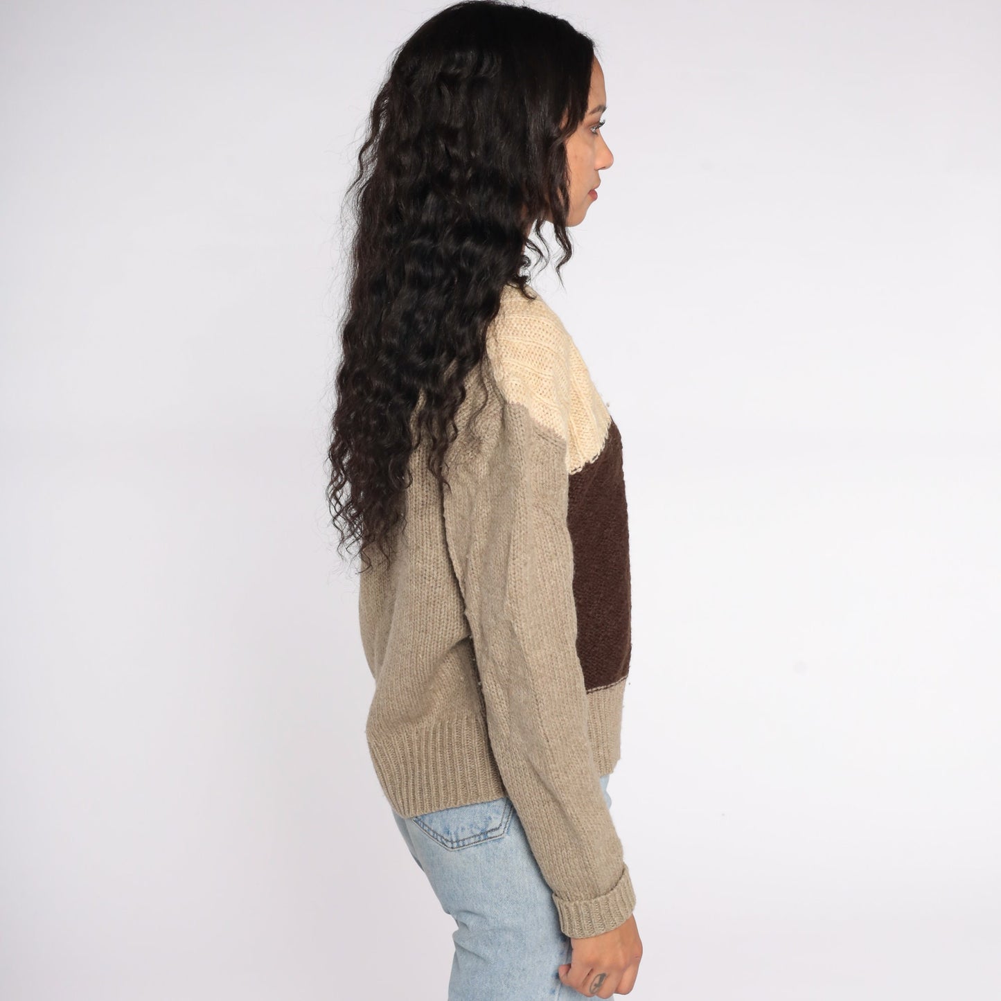 1970s Wool Cable Knit Sweater V-Neck Colour Block Taupe Brown Large