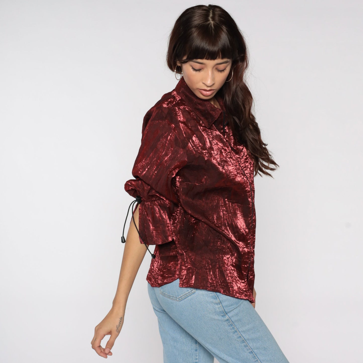 90s Shiny Red Iridescent Zip-Up Jacket Drawstring Sleeves Medium