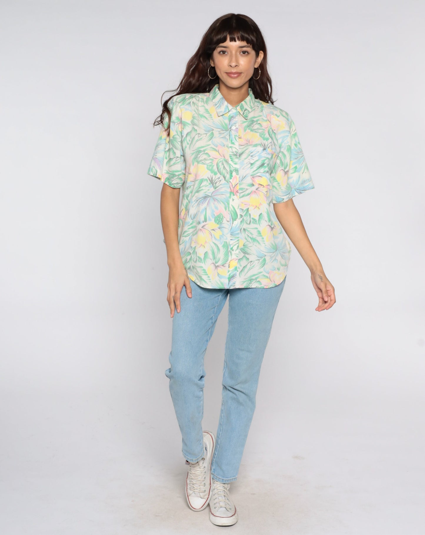 80s Tropical Floral Button-Up Shirt Green Pink Short Sleeve Medium