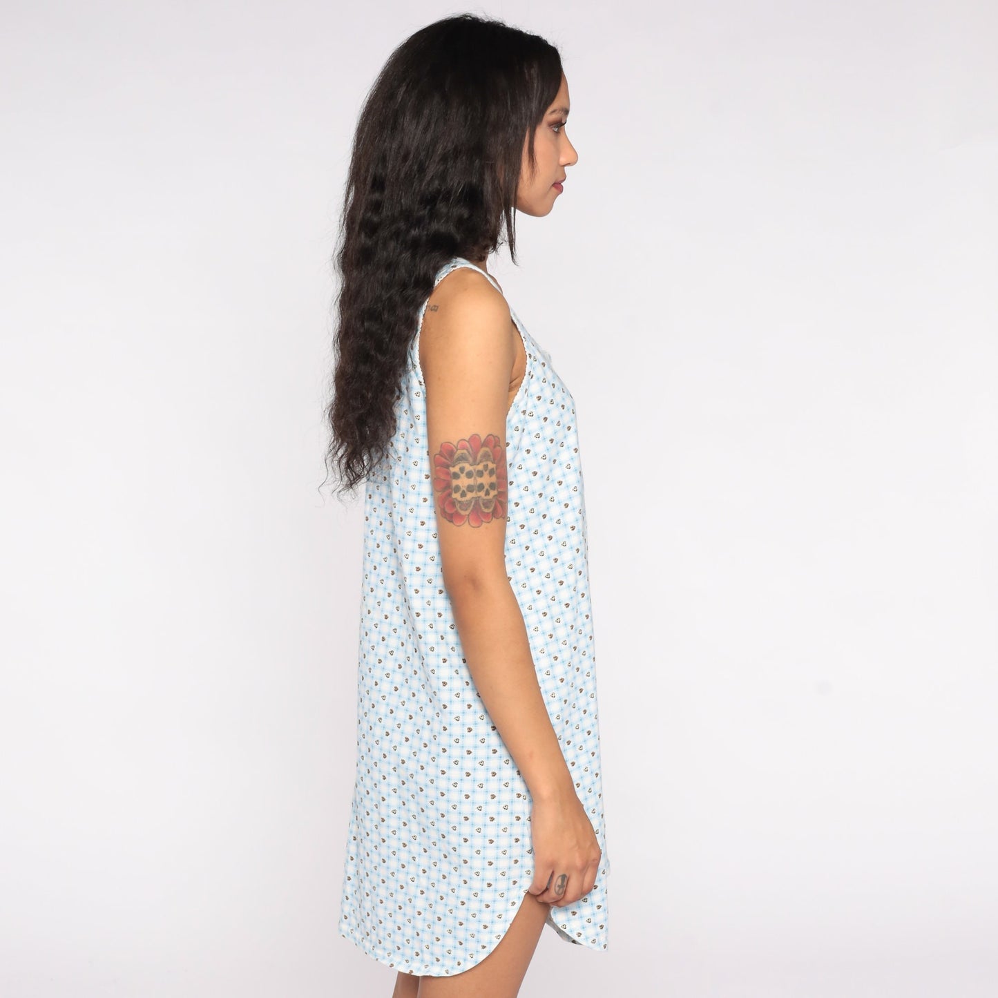 90s Checkered Heart Print Nightgown Blue White Plaid Sleeveless Button-Up Large