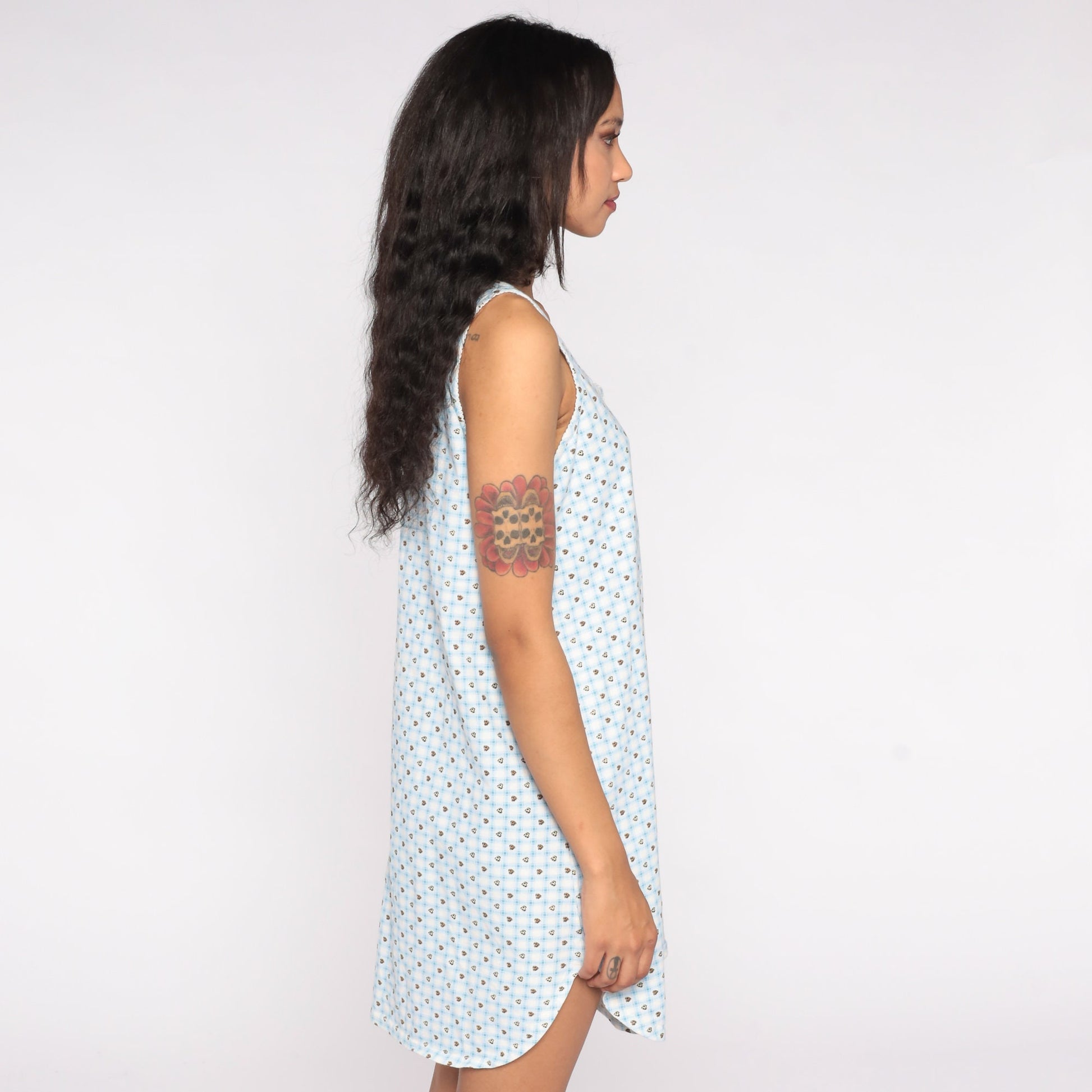90s Checkered Heart Print Nightgown Blue White Plaid Sleeveless Button-Up Large