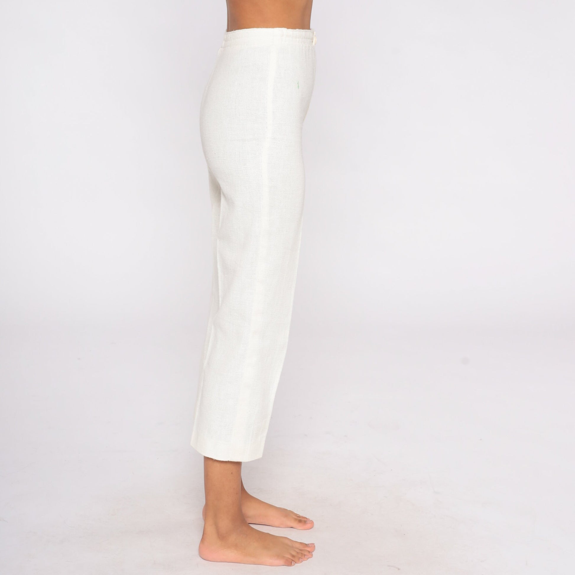 70s High-Waisted Straight Leg Linen Trousers Off-White Cropped Petite XXS