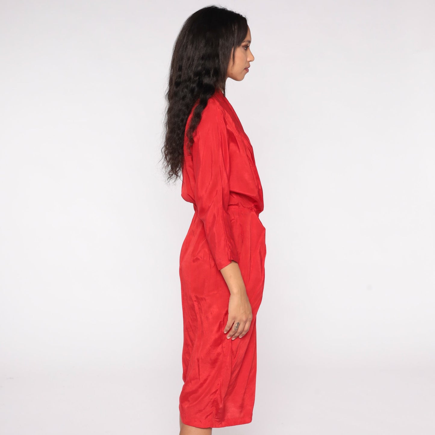 80s All That Jazz Red Wrap Midi Dress High Waist V Neck 3/4 Sleeve Medium