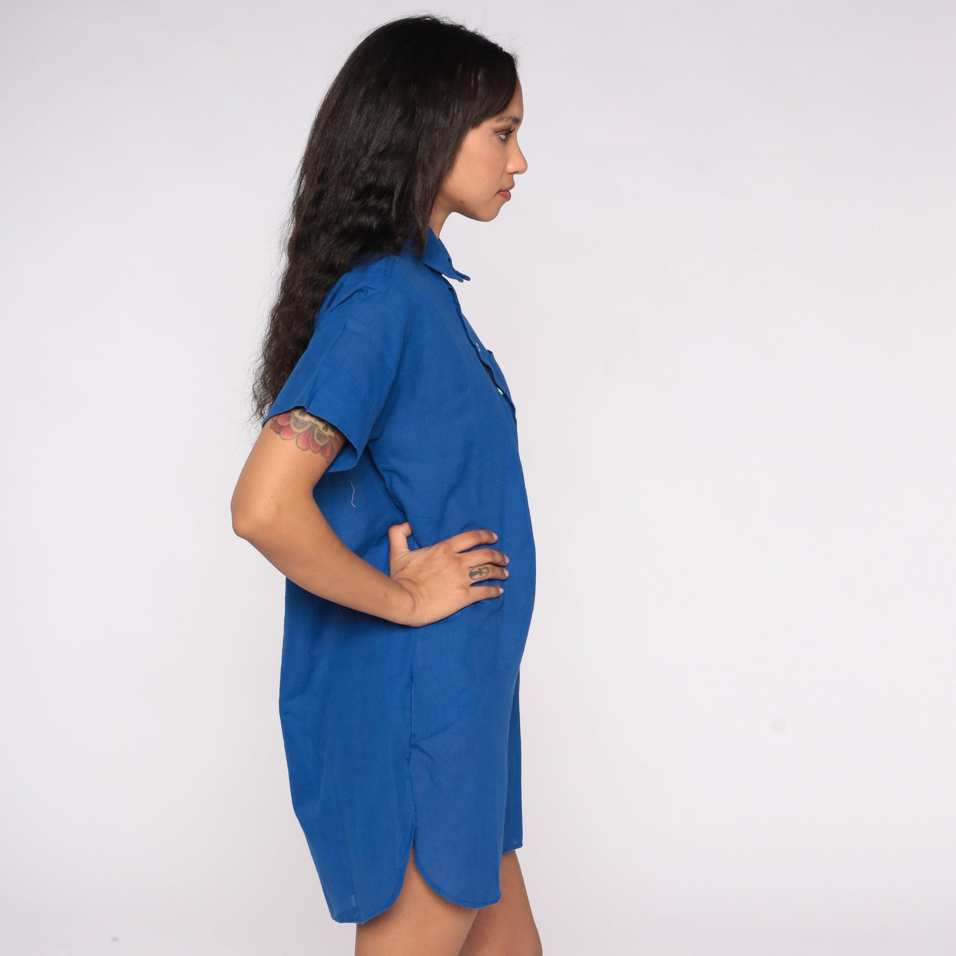80s Blue Polo Shirt Dress Collared Button-Up Mini Side Slits Medium