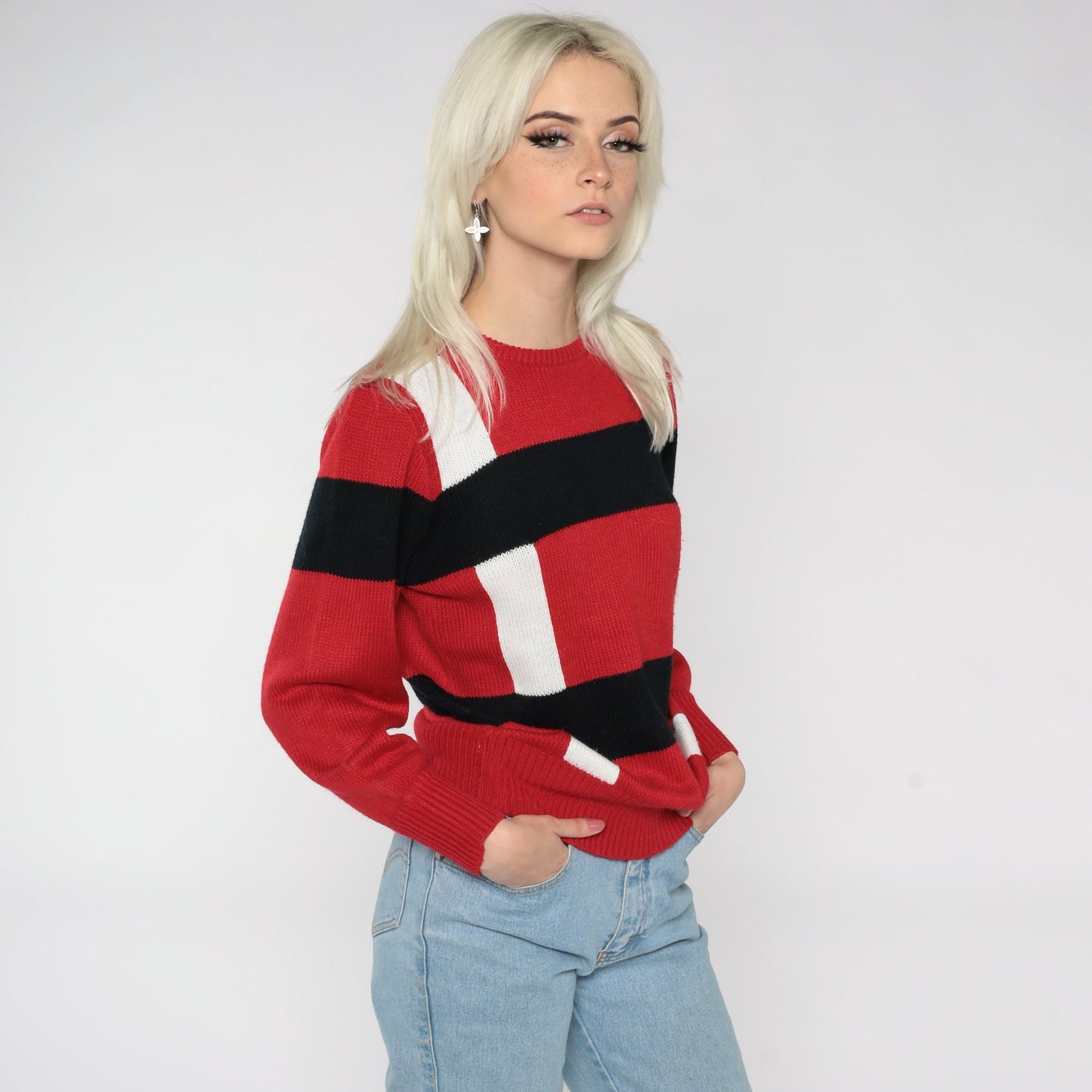 80s Red White Black Striped Knit Sweater Crewneck Pullover Small S