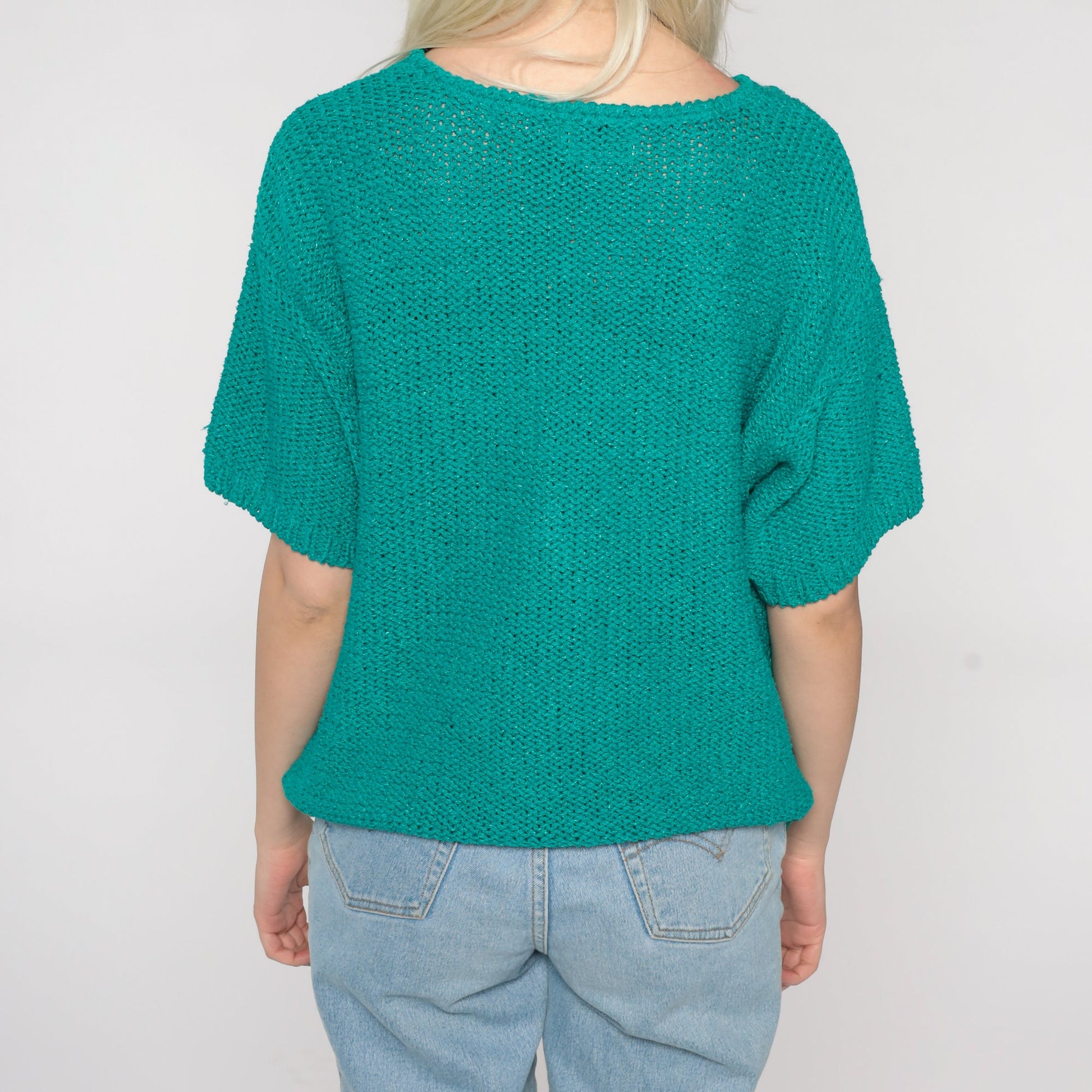 80s Green Nubby Knit Short Sleeve Pullover Silk Rayon Top Medium M