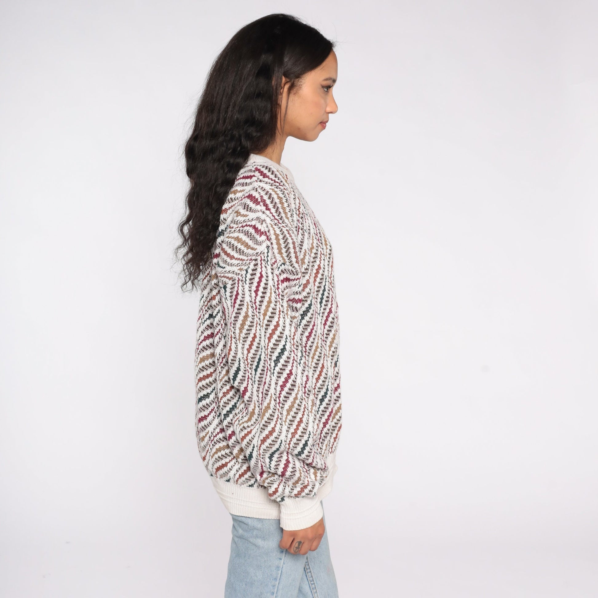 Geometric Print Knit Sweater White Cotton Pullover Extra Small XS