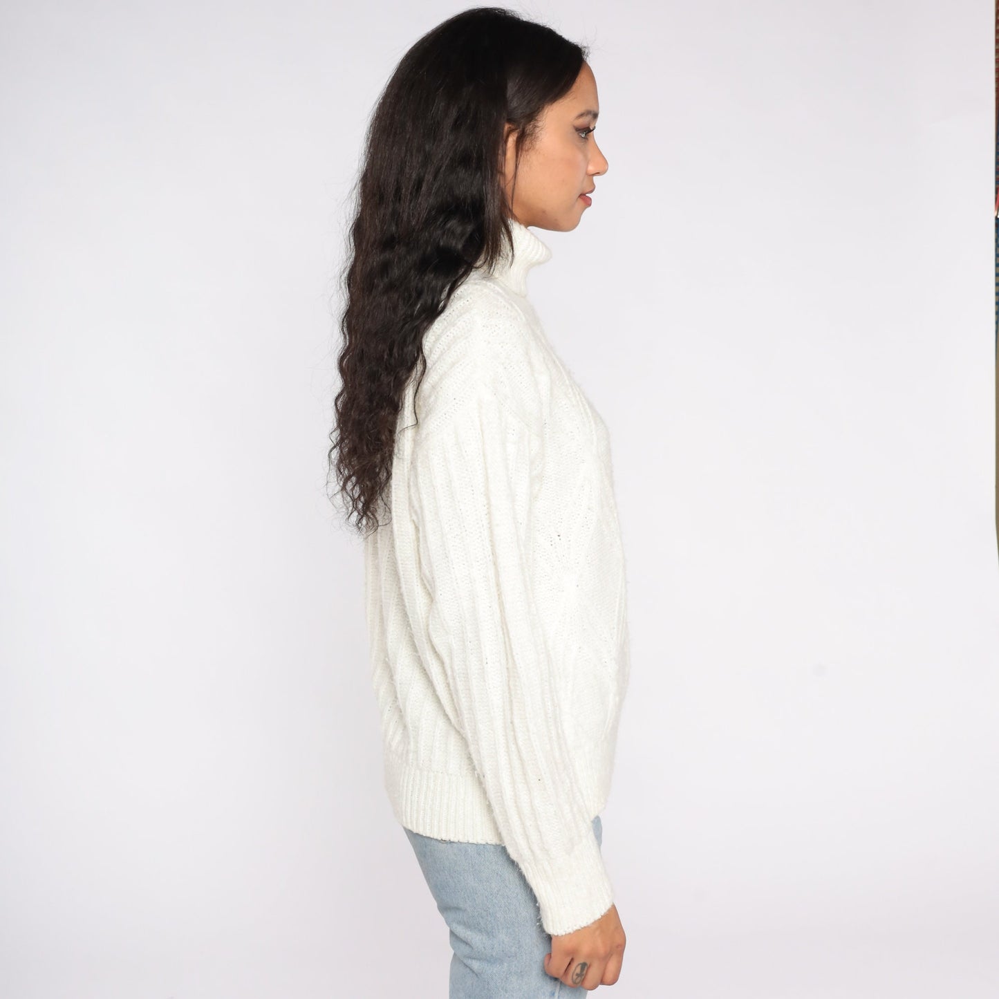 90s White Turtleneck Sweater Angora Blend Textured Pullover Medium