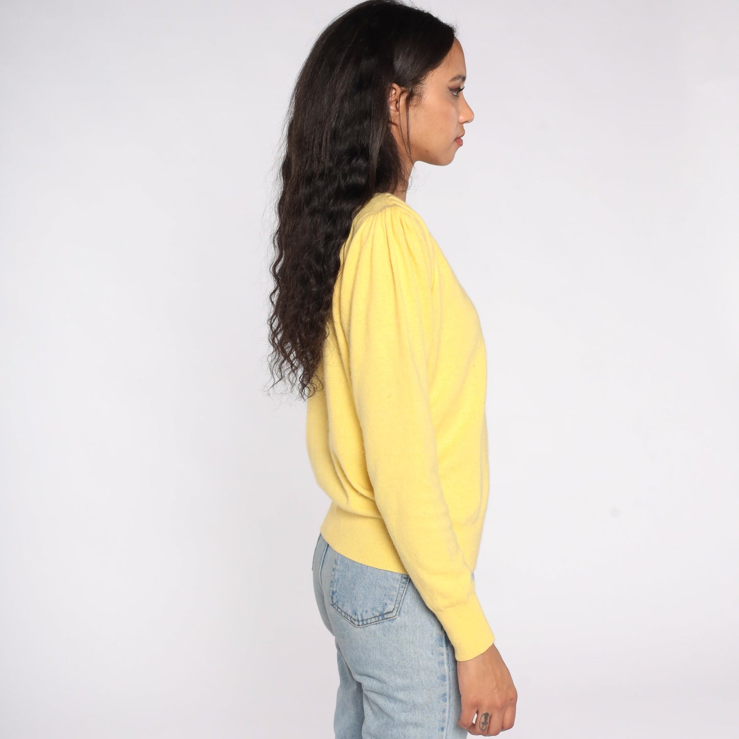 80s Benetton Yellow Cashmere Puff Sleeve Sweater Crewneck Medium