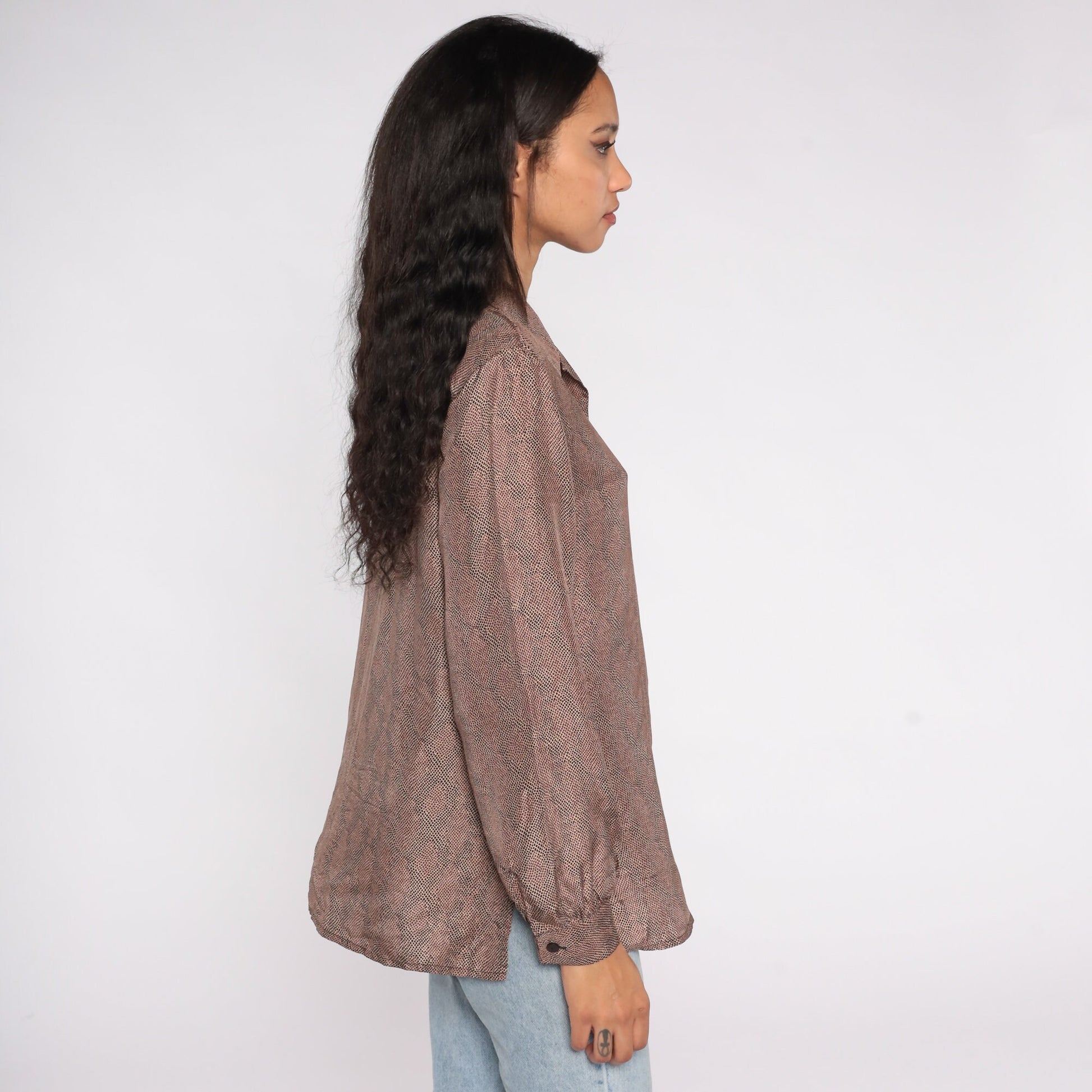 80s Brown Silk Button-Up Blouse Long Sleeve Speckled Medium