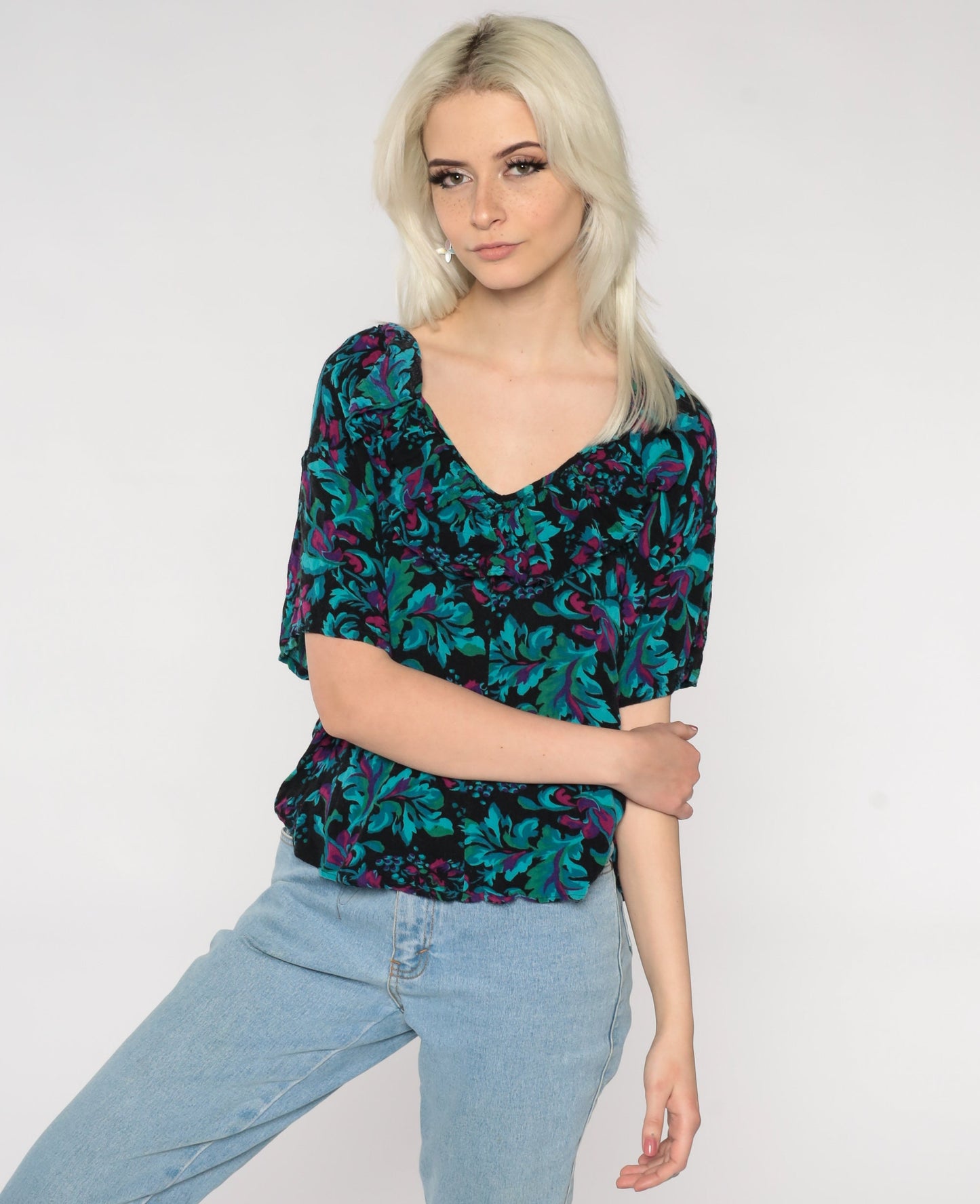 80s Floral Ruffle Blouse Black Green Flower Print Short Sleeve Large