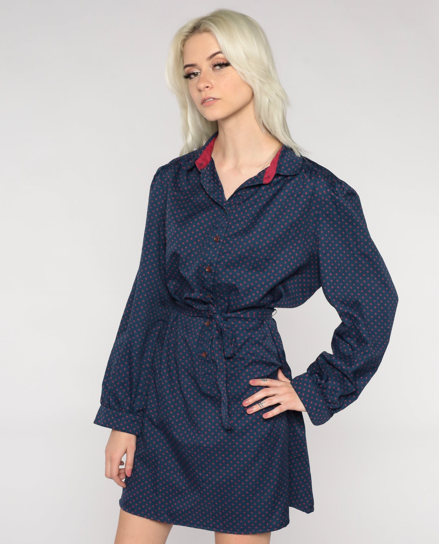80s Navy Polka Dot Button-Up Mini Dress High Waist Tie Belt Long Sleeve Large L