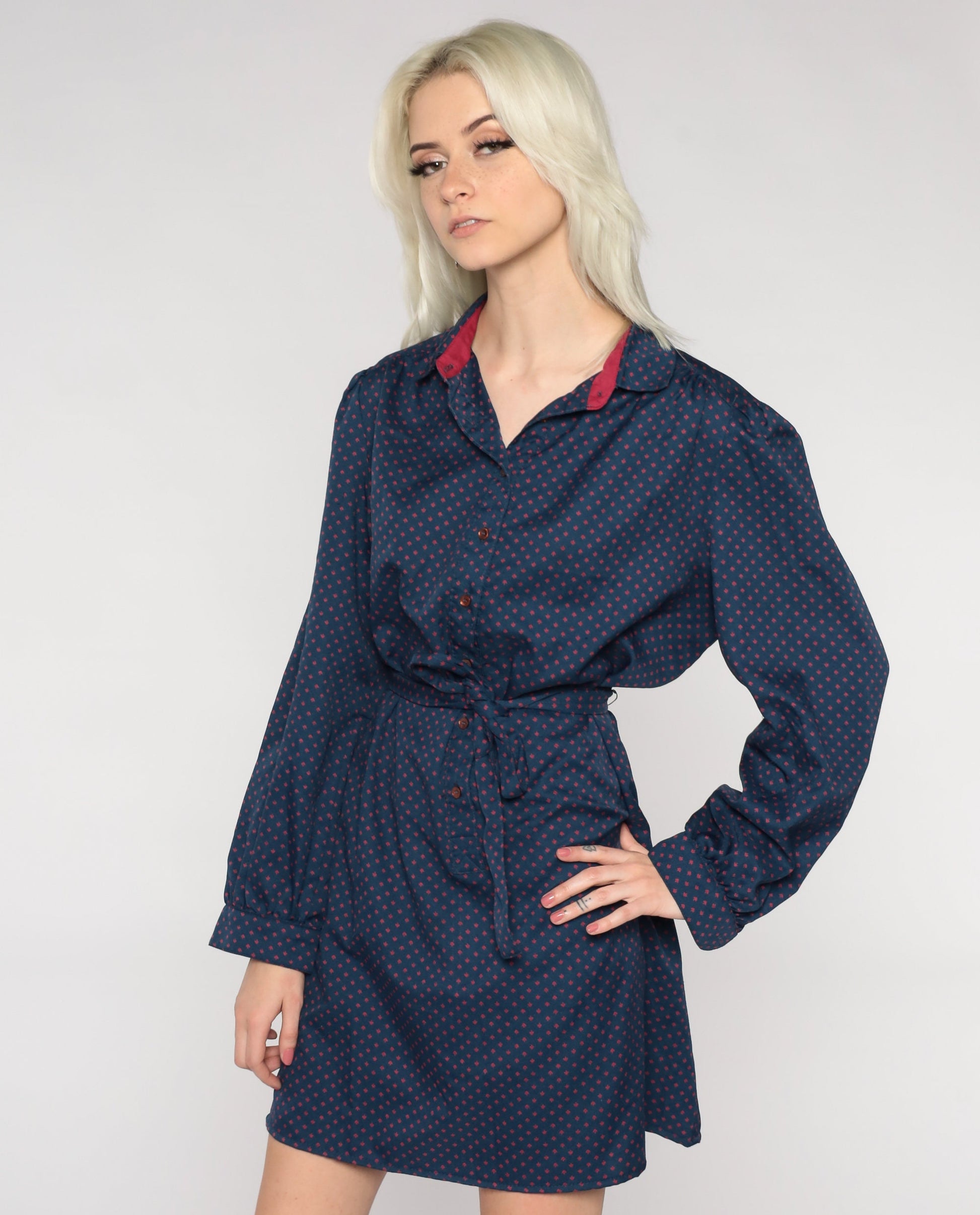 80s Navy Polka Dot Button-Up Mini Dress High Waist Tie Belt Long Sleeve Large L
