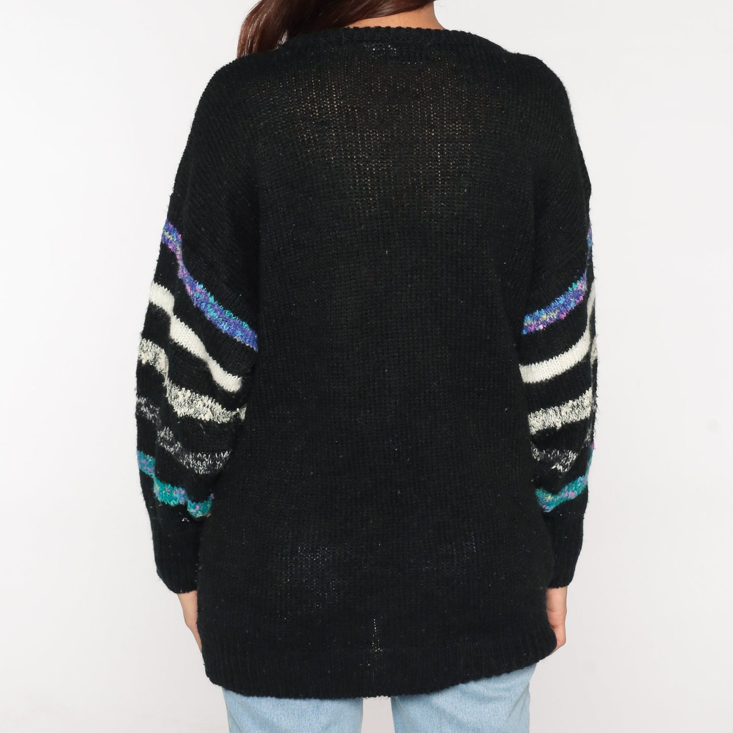 80s Black Knit Sweater Abstract Striped Leaf Print Multicolor Large L