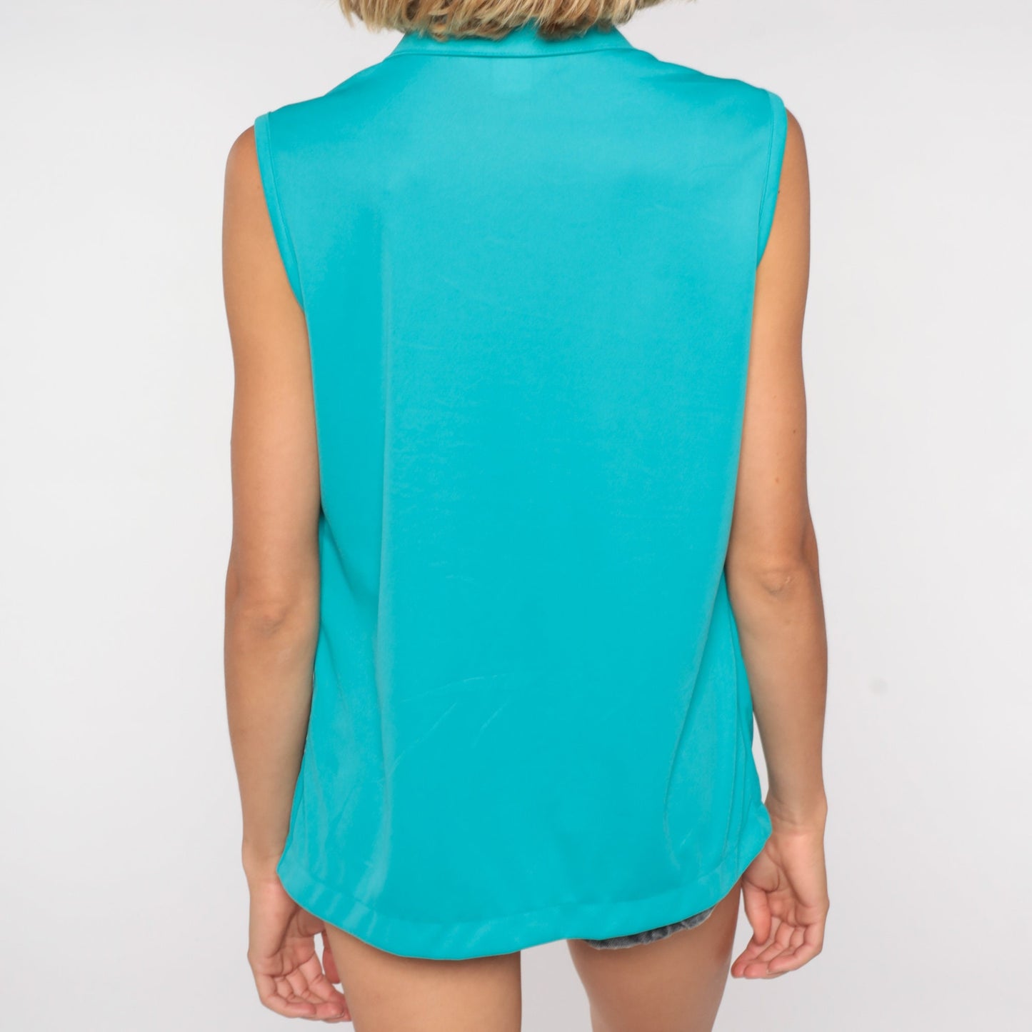 80s Sears Sleeveless Button-Up Blouse Turquoise Large L
