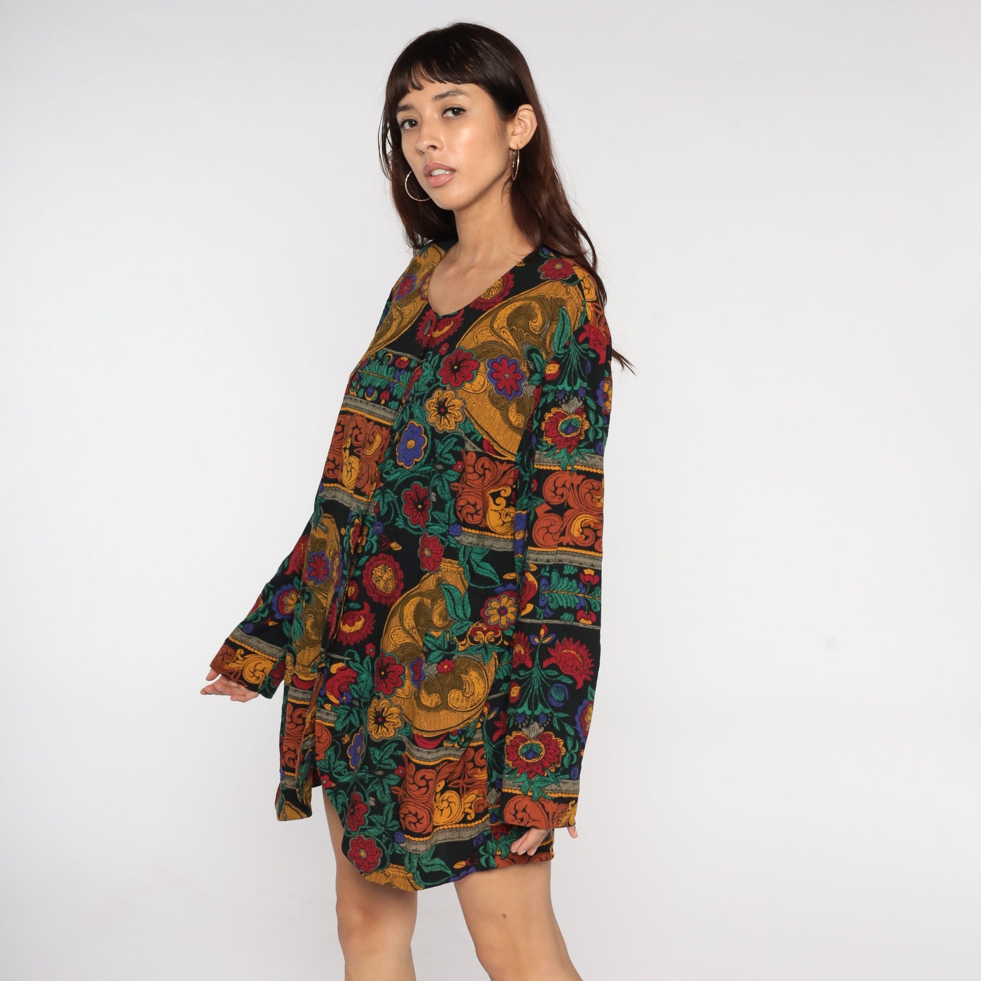 90s Dark Floral Rayon Blouse Long Sleeve Front Slit Tunic Large L