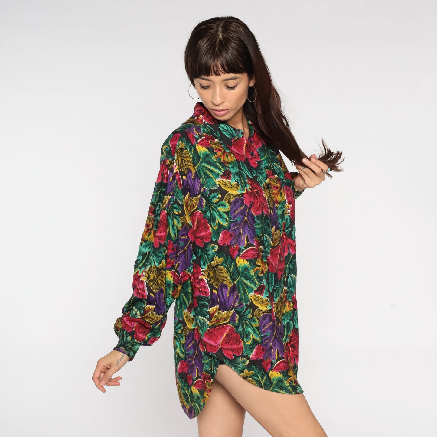 80s Tropical Floral Button-Up Blouse Dark Print Long Sleeve Collared Shirt Large L