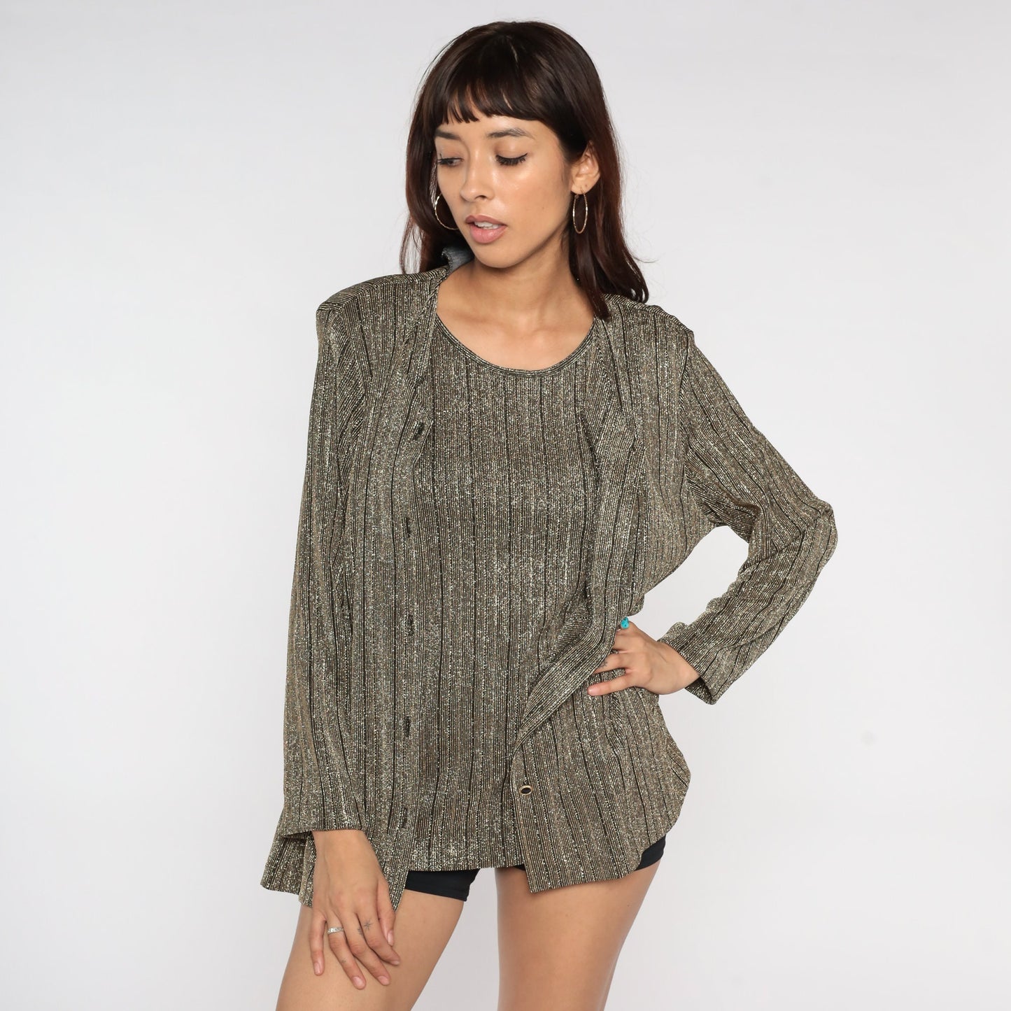 80s Metallic Bronze Cardigan Set Attached Blouse Sparkly Long Sleeve Button Up Large