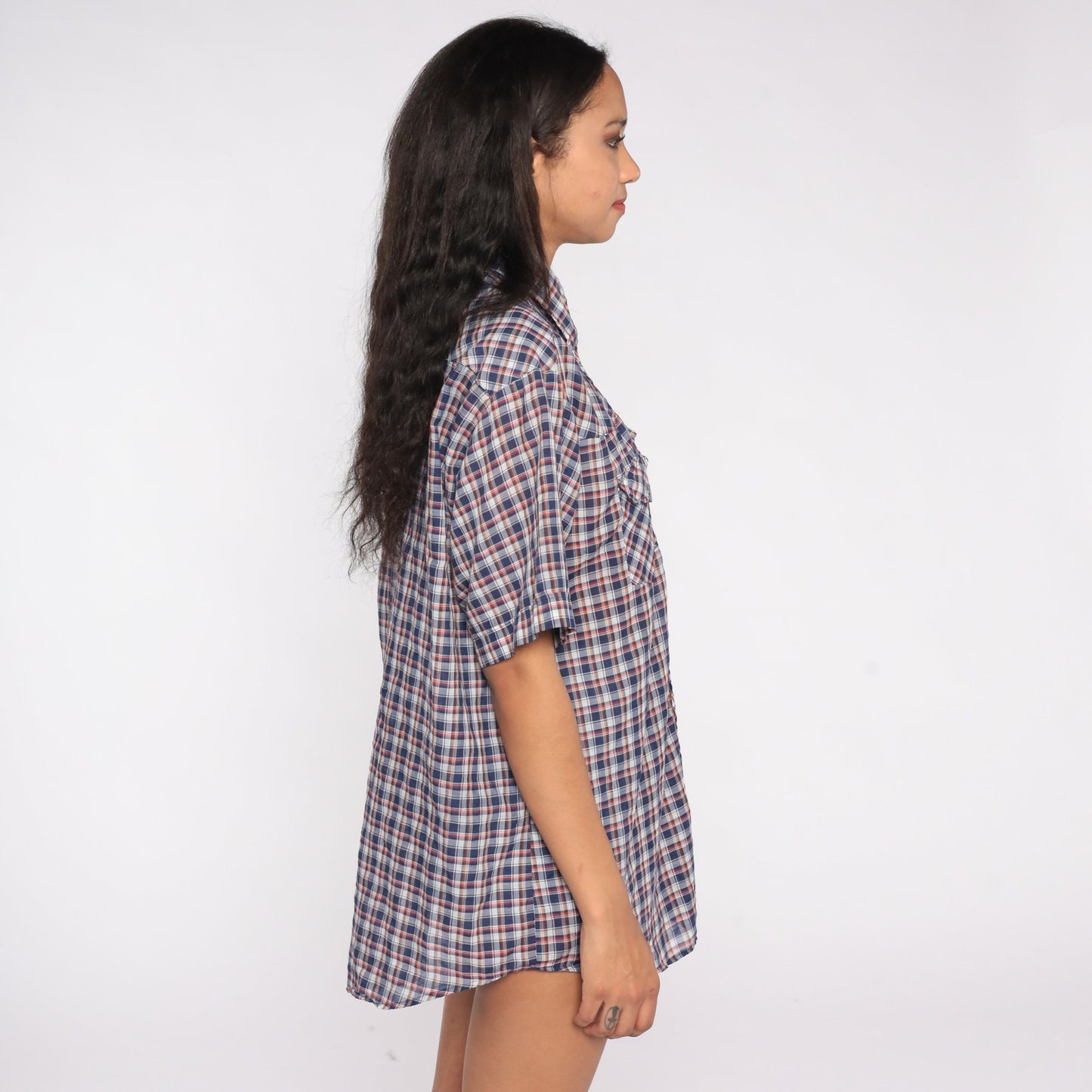 80s Western Pearl Snap Shirt Blue Red Plaid Short Sleeve Extra Large XL
