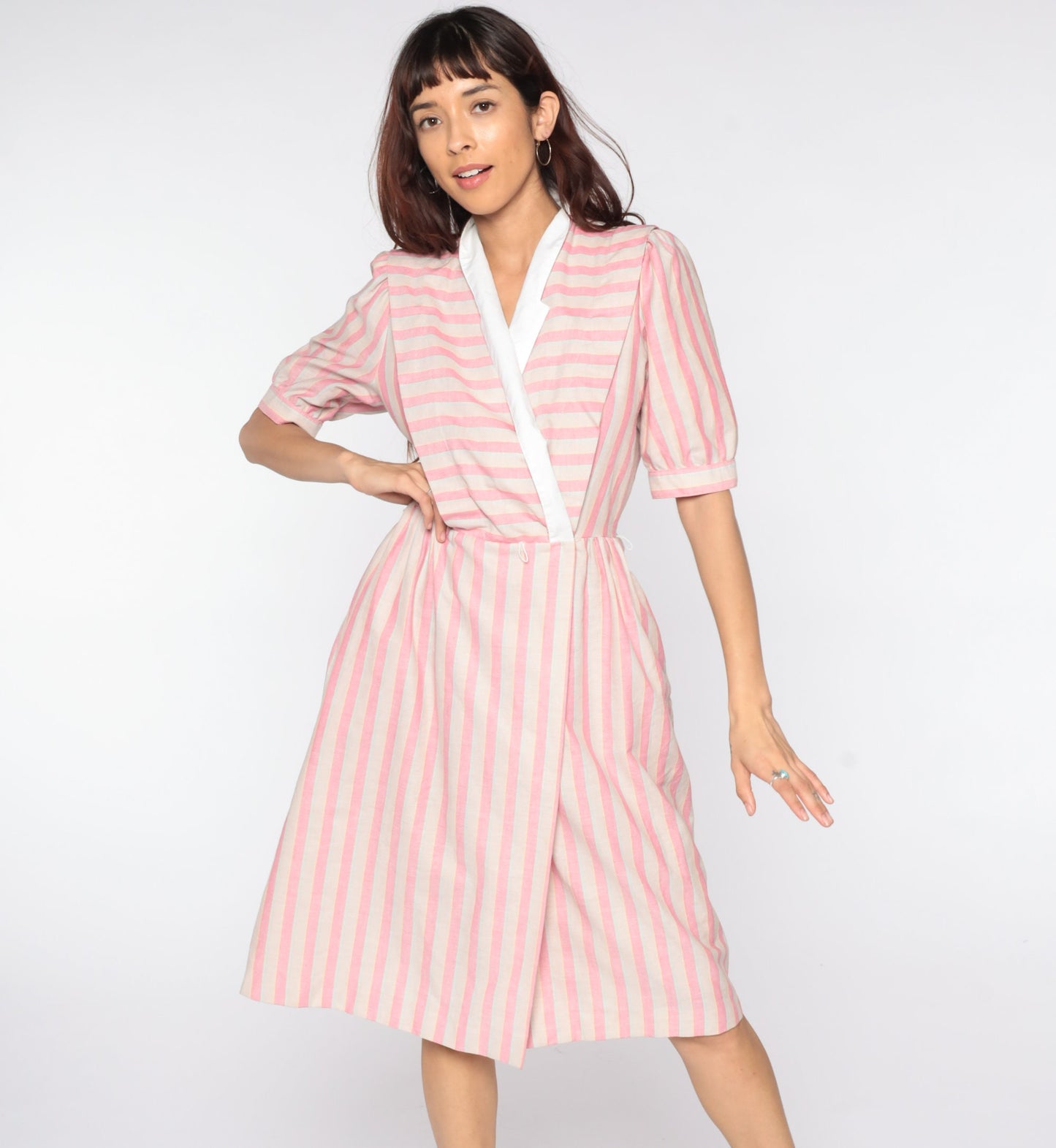 80s Pink Striped Midi Wrap Dress Puff Sleeve V-Neck Medium