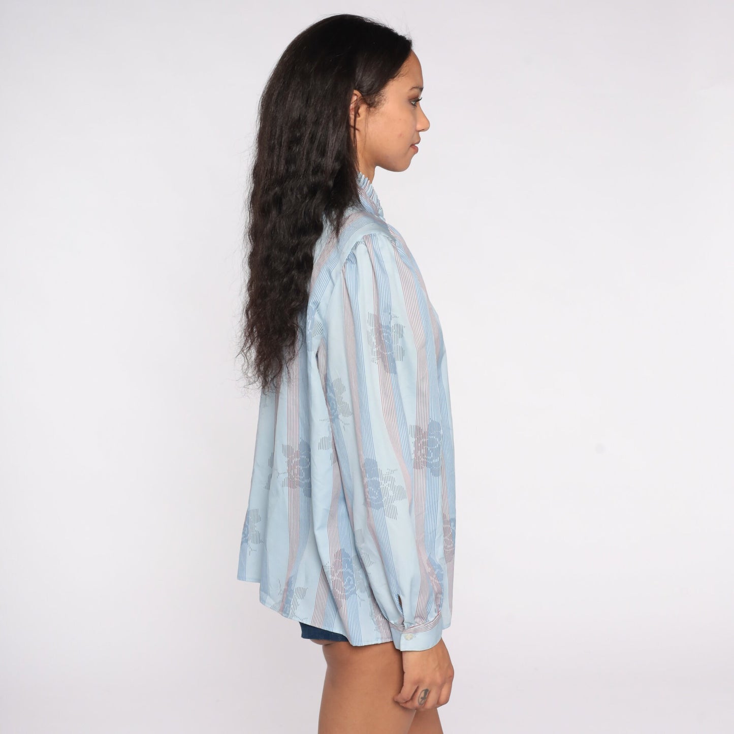 80s Blue Striped Floral Ruffle Neck Blouse Puff Sleeve Button Top Extra Large XL