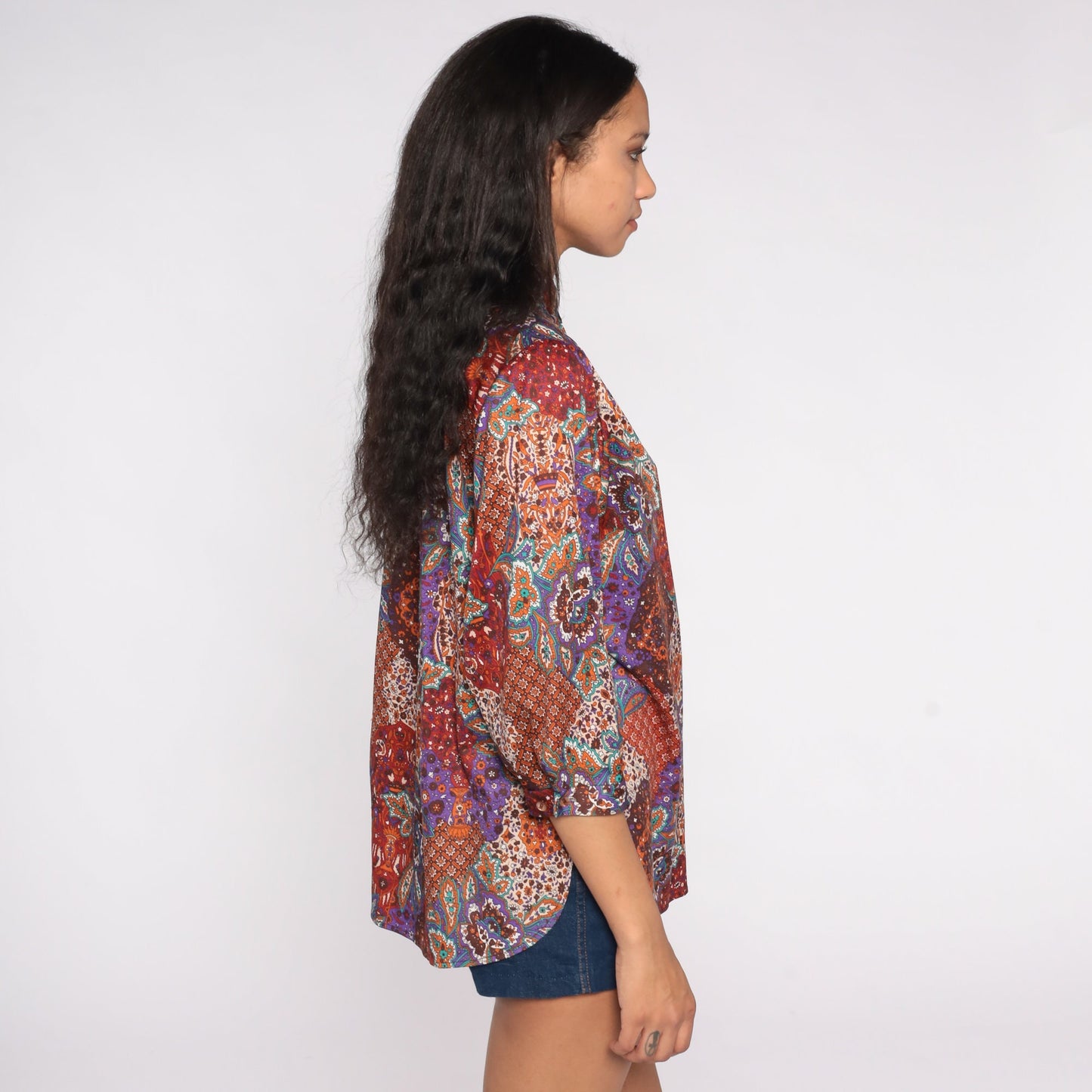 70s Paisley Floral Blouse Keyhole Neck 3/4 Sleeve Patchwork Top Large