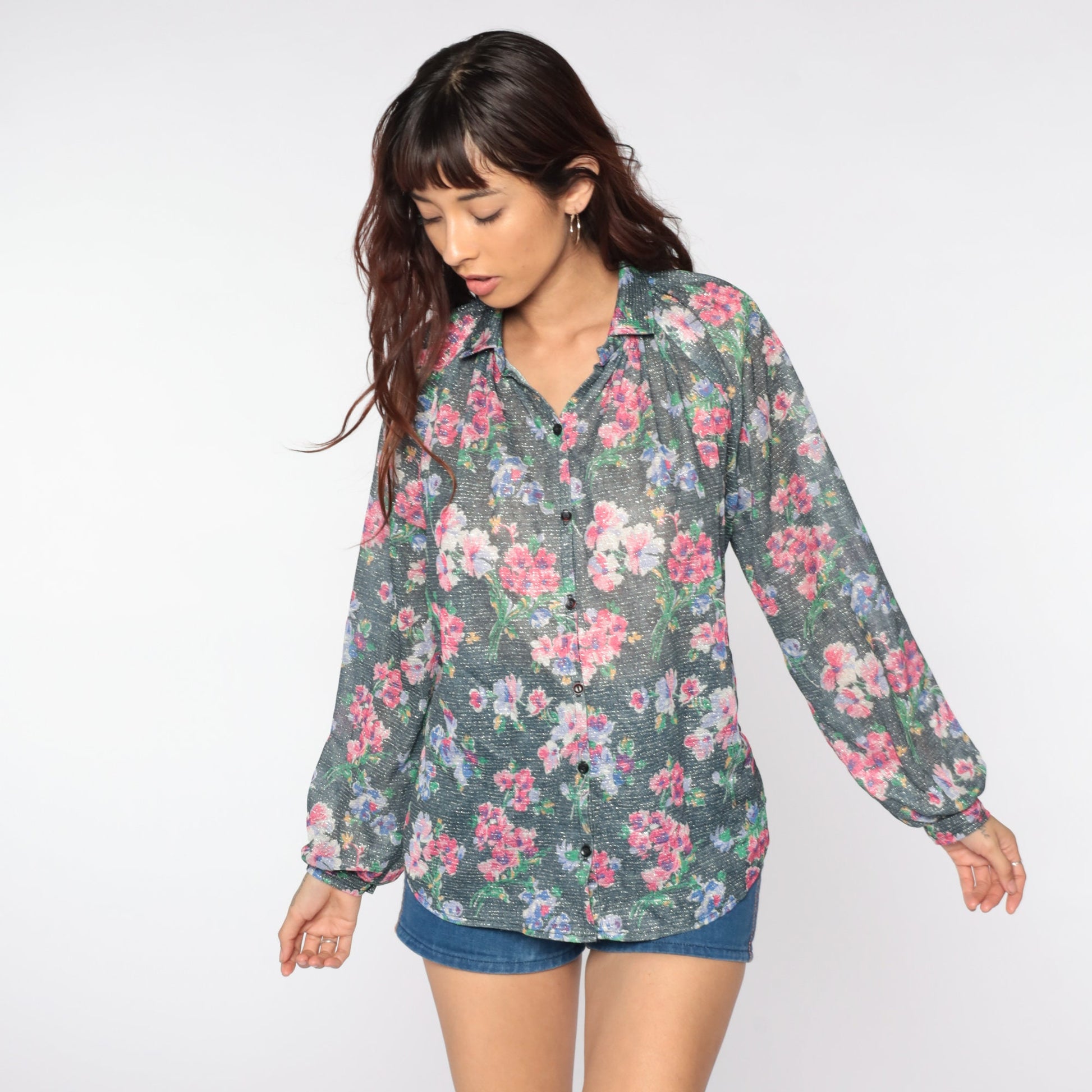 70s Silver Floral Button-Up Blouse Metallic Raglan Sleeve Shirt Large L
